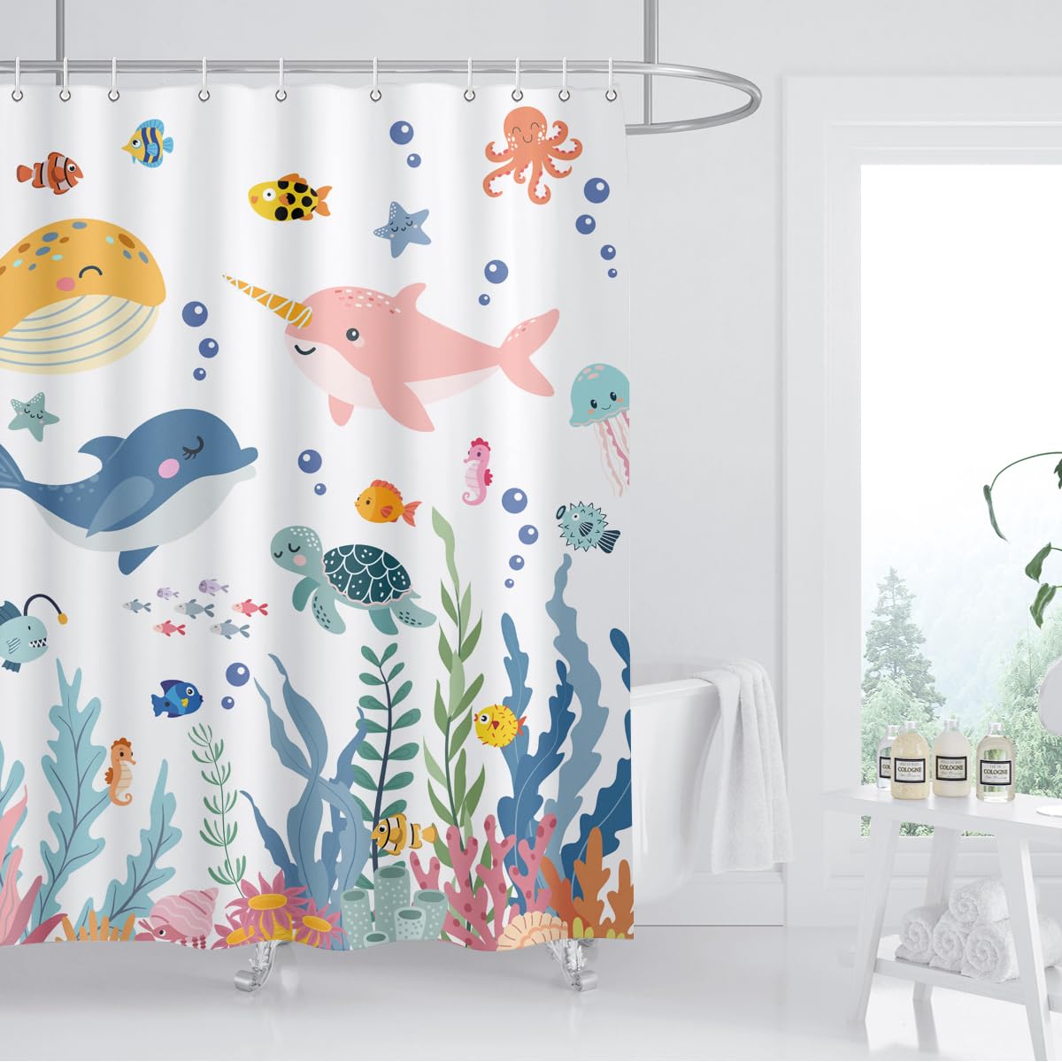 BIYSUC Kids Ocean Shower Curtain Cartoon Sea Turtle Whale Dolphin Fish Corals Underwater World for Boys Girls Bathroom Decor Waterproof Polyester Fabric 72Lx72W Inch with 12PCS Plastic Hooks