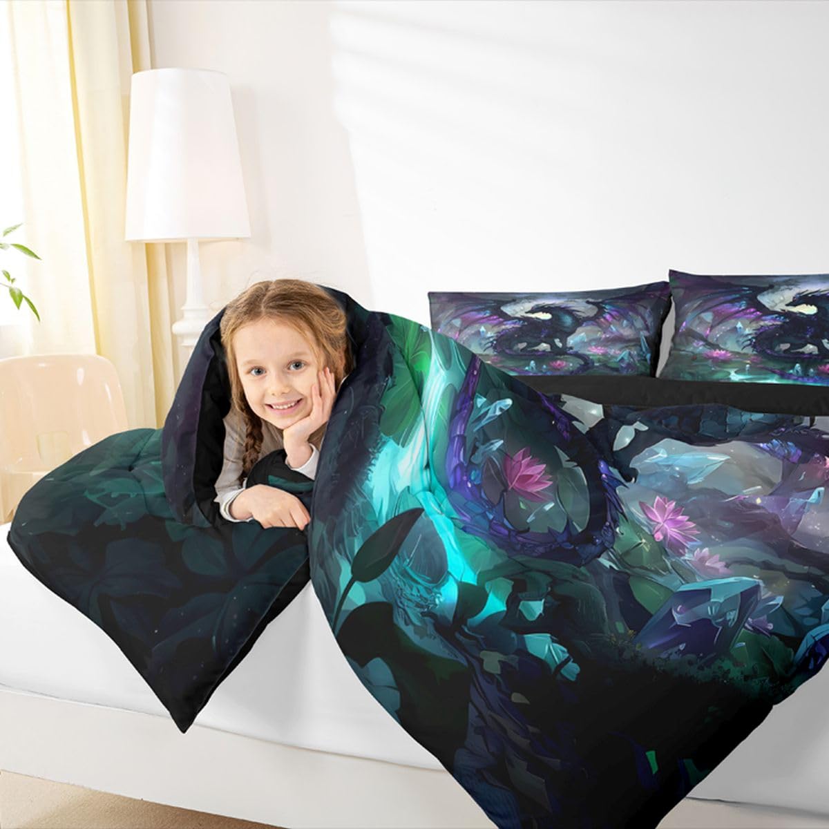 Feelyou Dragon Comforter Set Twin Size Dragon Stuff Bedding Set for Kids Boys Girls Wild Life Duvet Quilt Magic Wildlife Bedroom Decor Black Purplish 2 Pcs with 1 Pillow Cases