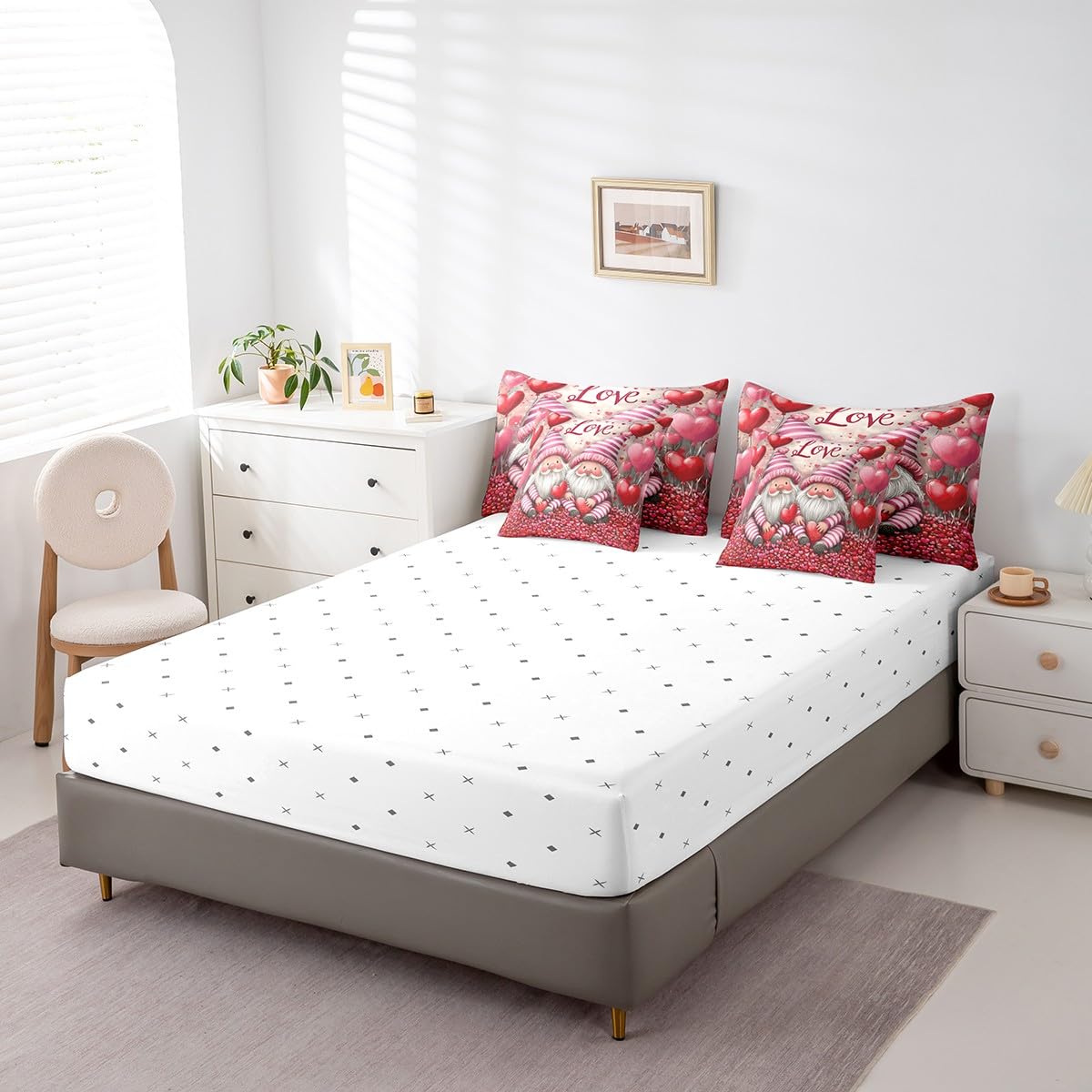 Erosebridal Valentines Day Gnomes Queen 7 Piece Bedding Set - Romantic Cute Gnome Comforter Set with Sheets for Kids Girls Boys, Coquette Love Heart Print Bed in a Bag with Fitted + Flat Sheet