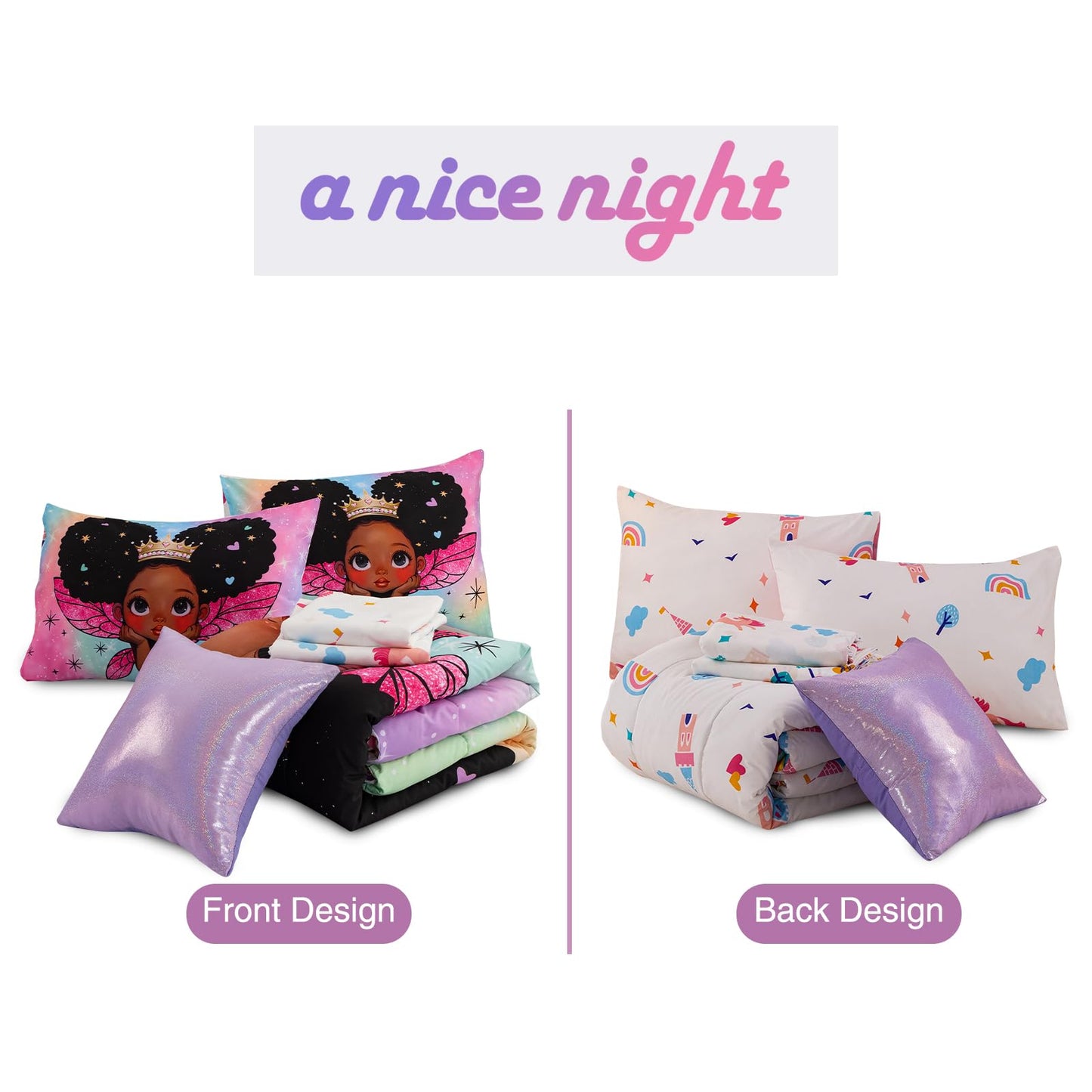 A Nice Night Black Girl Princess with Wings Comforter Set,Pink Gradient Glitter Rainbow Galaxy 6pcs Kids Twin Size Bedding Set,Room Decor for Girls