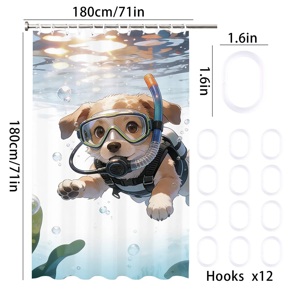 Shower Curtain Cute Swimming Dog Shower Curtains Easy Hook Waterproof Bathroom Window Curtains Quick Dry Machine Washable Curtain Easy Clean One Piece Bathroom Decor 71×71 Inch