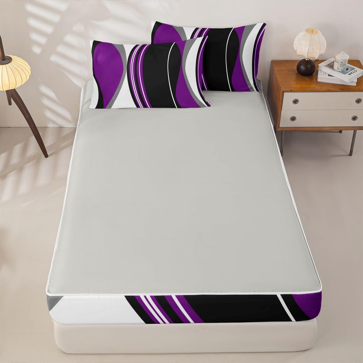 Erosebridal Purple Black Abstract Zipper Bedding Grey Modern Striped Twin Size Comforter Set Geometric Stripes Lines Sheets and Pillowcases Contemporary Art Boho Zipper Bedding Set Room Decor