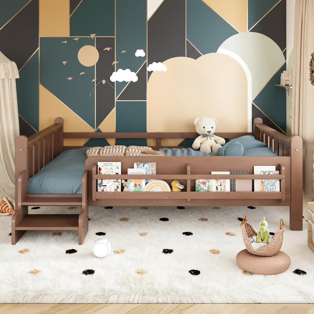 LUMISOL Kids Montessori Bed with Guardrail, Low Profile Bed Frame Full with Storage Shelves, Natural