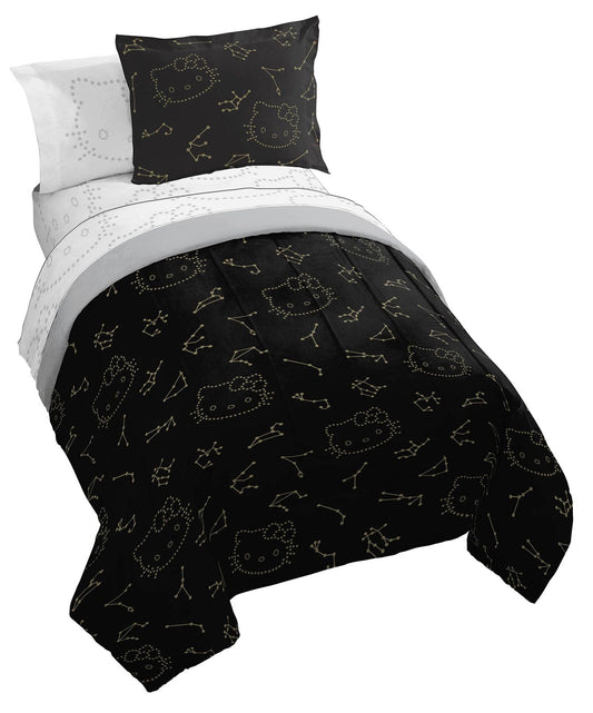 Jay Franco Hello Kitty Stars Twin Comforter Set - 5 Piece Bedding Includes Sheet Set & Pillow Covers - Super Soft Zodiac Black & Gold Bedding