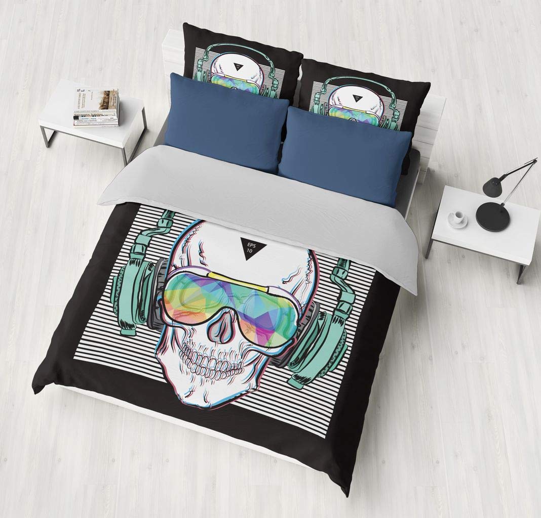 SHOMPE Music Skull Comforter Sets Full Size Boys Girls Punk Rocker Skeleton Printed Soft Warm Bedding for All Season
