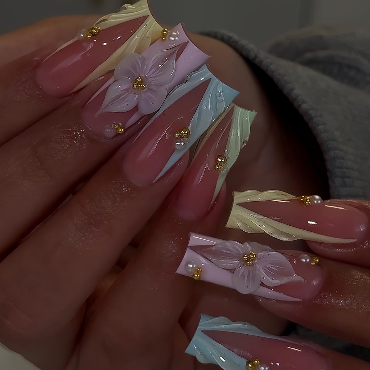 plalely Long Square Press on Nails,Handmade Acrylic Press on Nails with Colorful Designs，Long Press on Nail for Women 24pcs