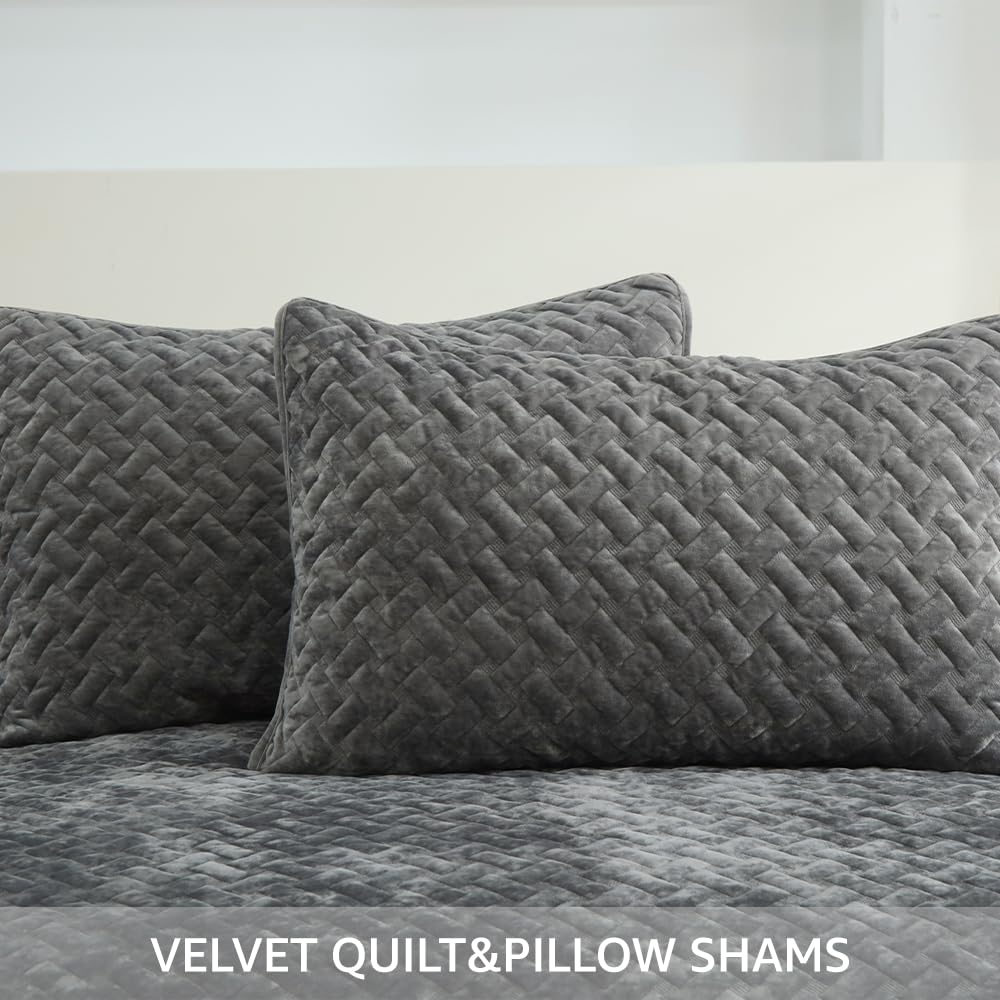 Liians Velvet Bedspread Quilt Bedding Sets,Luxury Elegant Ultra Soft Velvet Comforters Coverlet Blankets,Weave Stitching Pattern Cotton Quilted Bedspread for All Seasons,Grey,King Size