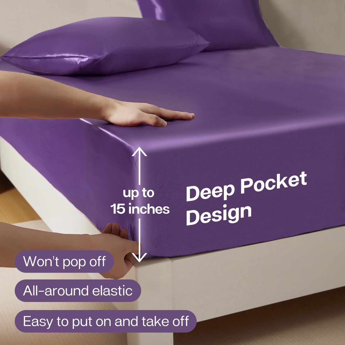 MR&HM Satin Fitted Sheet Queen Size, Silky Bottom Sheet with Elastic Corner Straps, Deep Pocket up to 15 Inch, No More Slipping Off for Mattress - 1 Fitted Sheet Only (Lavender)