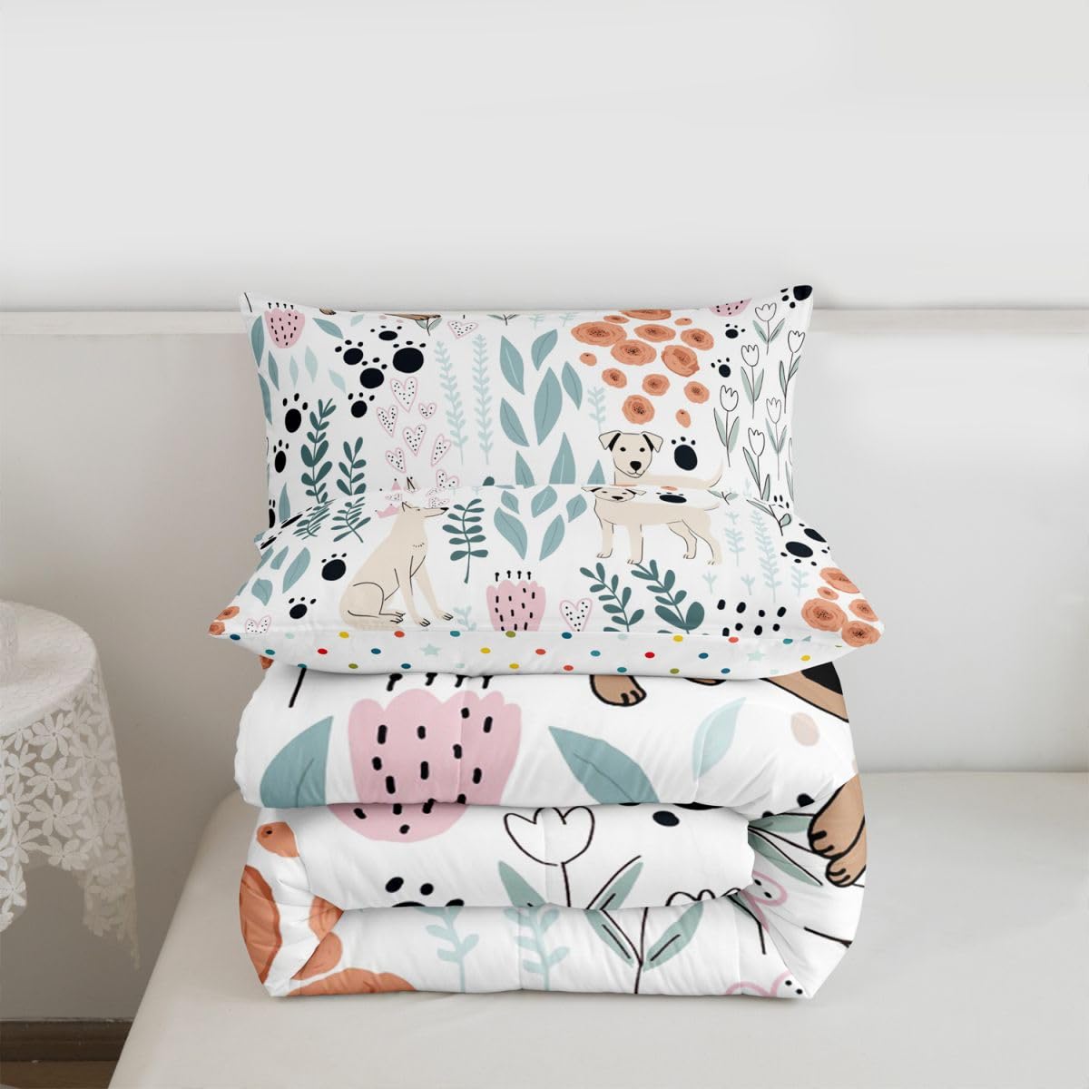 Erosebridal Kawaii Dog Bedding Set,Cartoon Puppy Dog Comforter Set Twin,Cute Love Heart Leaf Flower Comforter Set for Kids Girls Boys,Paw Print Pet Animals Quilt Duvet Insert with 1 Pillow Case