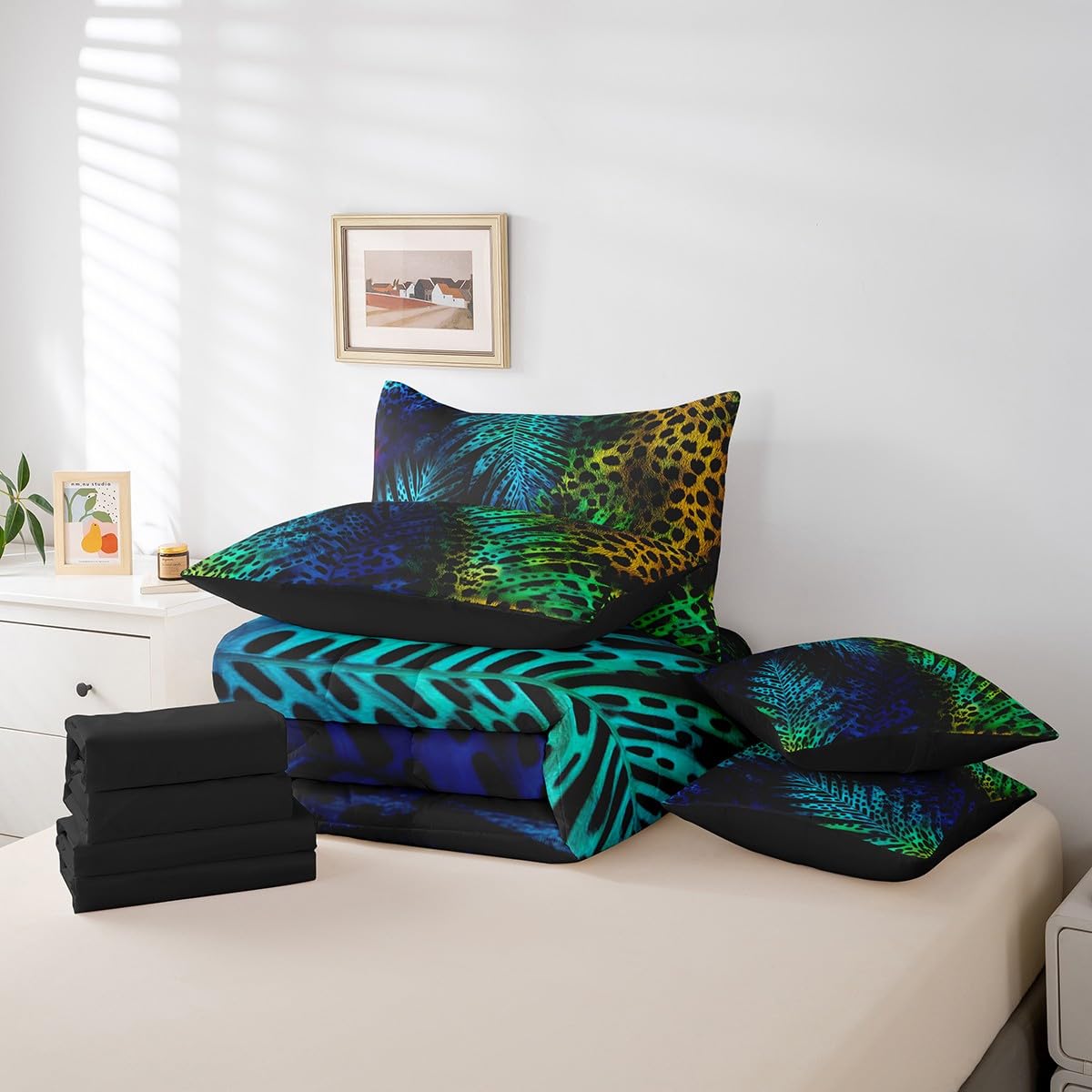 Erosebridal Blue Green Cheetah Print Comforter Set 7 Piece Bed in a Bag Twin,Leopard Print Bedding Sets Wild Animal Hide Sheet Set with Comforter,Wildlife Fur Hair Spot Bed Set