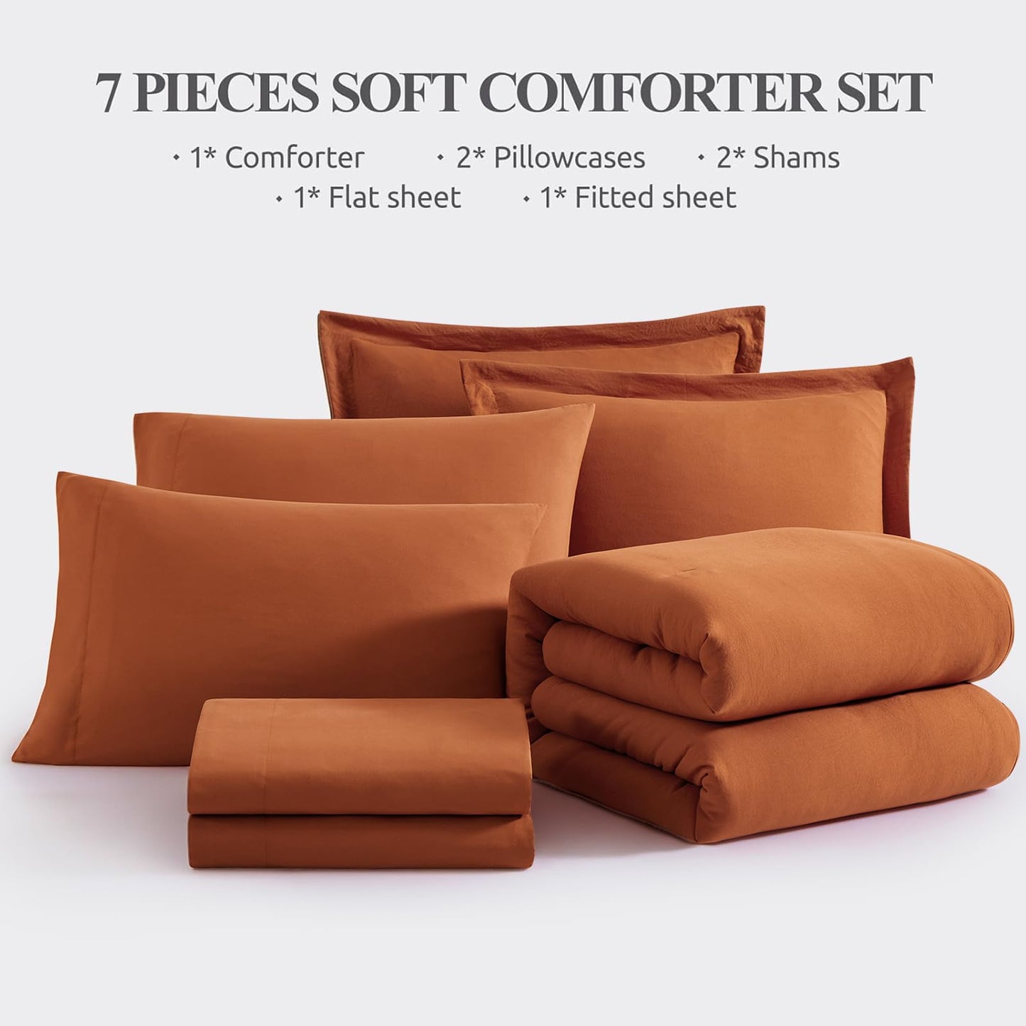 WRENSONGE Queen Comforter Set- 7 Pieces Soft Burnt Orange Bed in a Bag with Fitted Sheet, Flat Sheet, 2 Shams, and 2 Pillowcases-Warm Bed Sets Fall Comforter for All Seasons