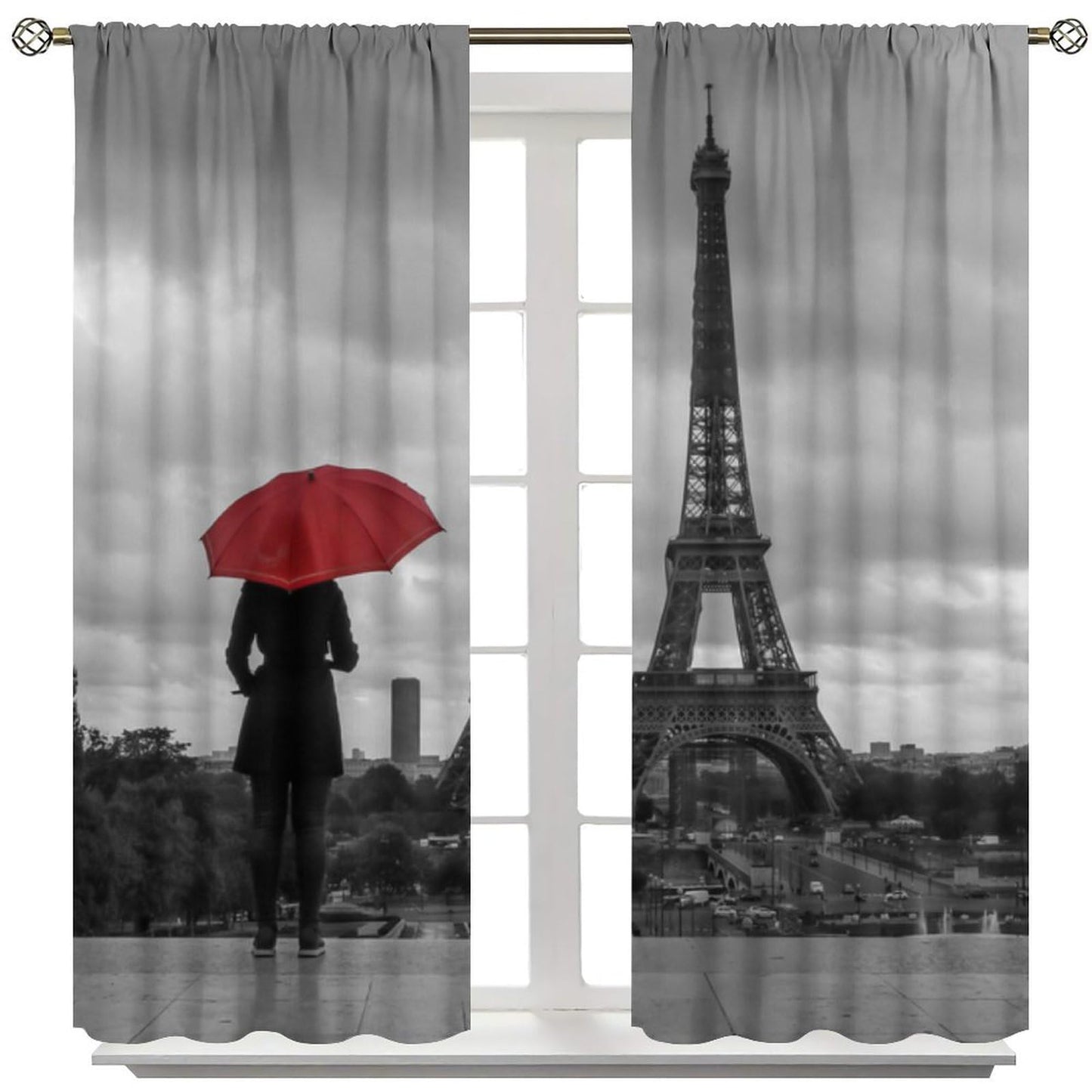 ACOOLTD Paris Eiffel Tower Window Curtains Black Red Umbrella White Style Rod Pocket Blackout Treatments for Living Room Bedroom Home Decor Window Drapes 2 Panels 42" W X 45" L