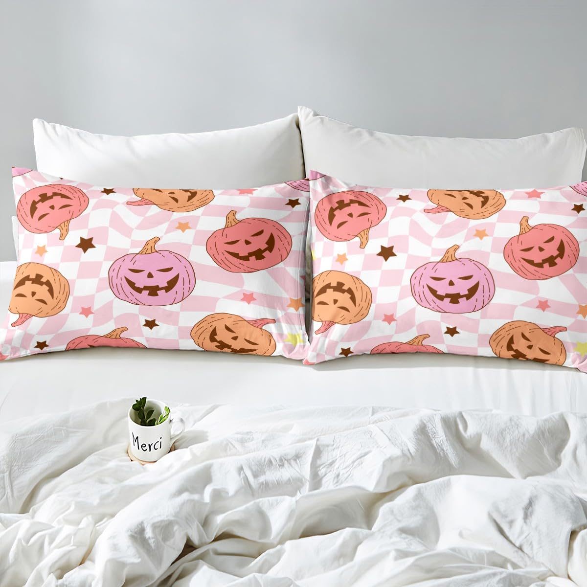 Feelyou Pink Halloween Fitted Sheet with 2 Pillowcases Full Size Halloween Decor Bed Sheets Set 16" Deep Pocket Boys Girls Pumpkin Bedding Trick or Treat Teens Bedroom Decor Breathable Microfiber