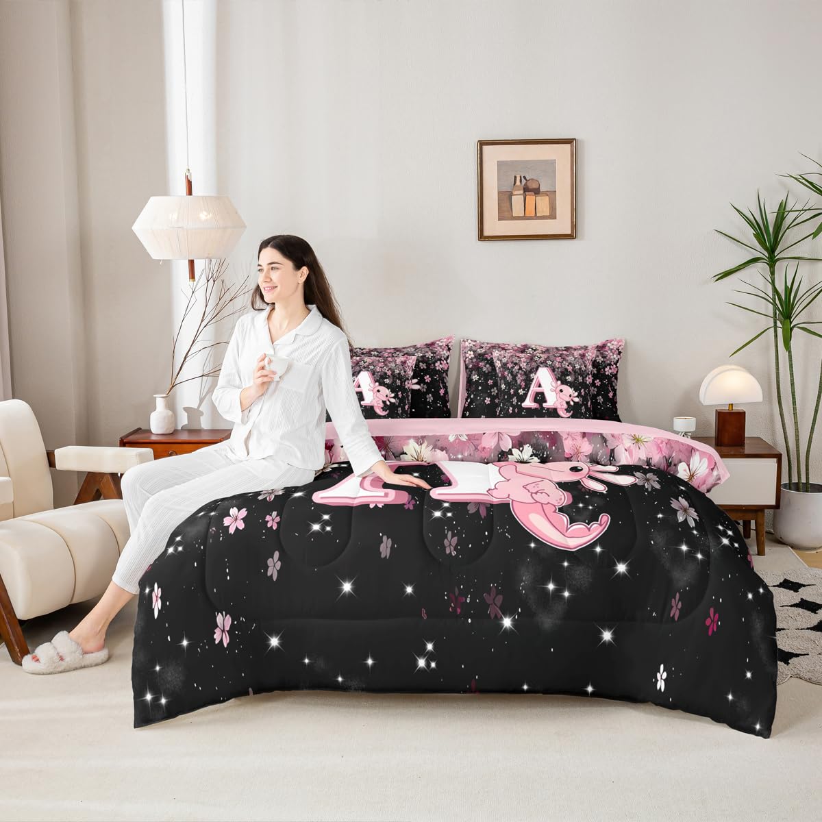 Erosebridal Pink Axolotl Comforter Set for Teen Girl (Pink Black,7Pcs,Twin Size) - Cute Initial Letter A Bed in A Bag Cherry Blossom Bedding Set Girly Preppy Cute Axolotl Quilt with Initial Design