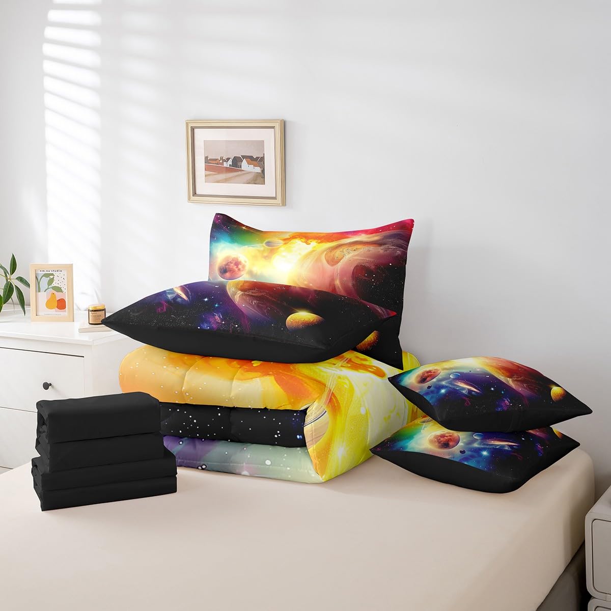 Erosebridal Outer Space Comforter Set for Kids Boys Girls 7 Piece Twin Purple Galaxy Quilt with Flat Fitted Sheet 3D Universe Planet Bed in A Bag Solar System Theme Bedding Sets