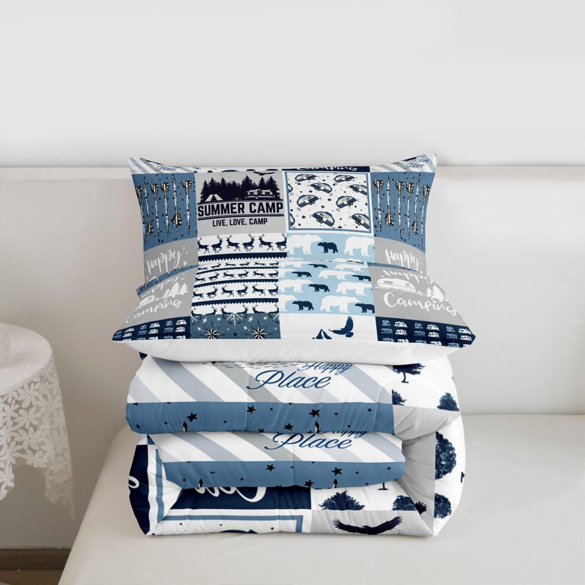 Erosebridal Happy Camping Bedding Set Queen Size for Boys Kids Teens, Camper Duvet Insert, Rustic Farmhouse Style Comforter Set, Sketch Drawing Camper Bedding, Camping Car Down Comforter, Blue