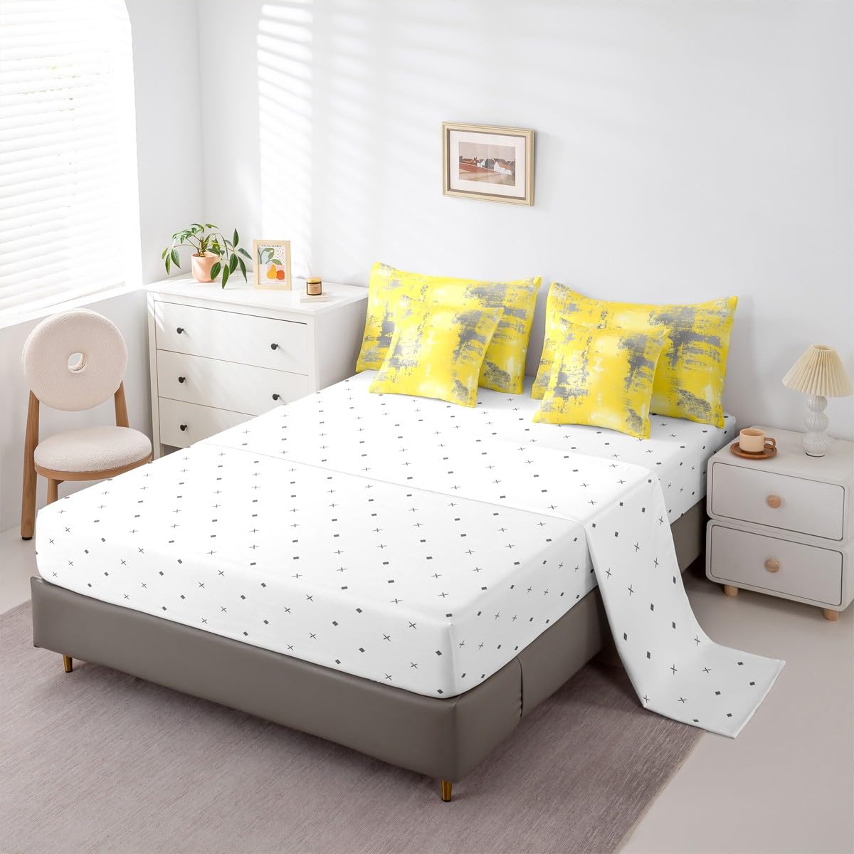 Feelyou Abstract Queen Comforter Set with Sheets for Kids Boys Girls Modern Abstract Art 7 Pieces Bedding Set Yellow Gray Bed in a Bag Luxury Room Decor Geometric Soft Lightweight Microfiber