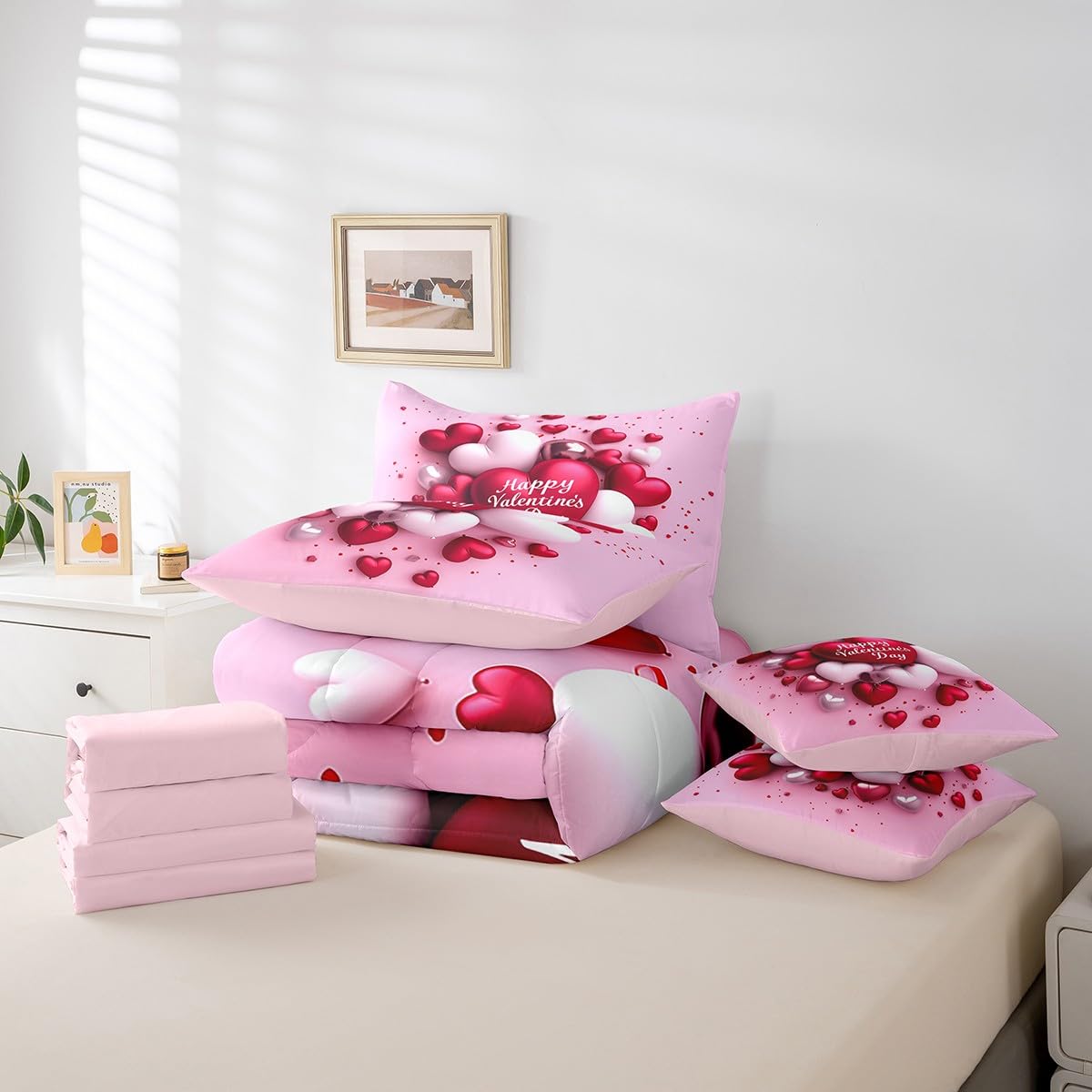 Erosebridal Happy Valentine's Day Bed in A Bag Romantic Love Balloon Comforter Set for Girls Teen Women,Pink Red Balloon 7 Piece Bedding Set Full Size,Soft Lightweight Pink Sheet Set with Comforter