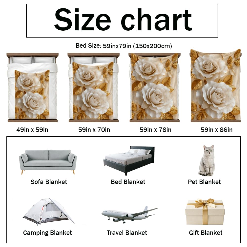 HUNXIAOJ Flower Print Blanket White and Gold Throw Blanket White Floral Print Flower Bedding Warm Soft Flannel for Adults Bed Sofa Couch (49in x 59in)