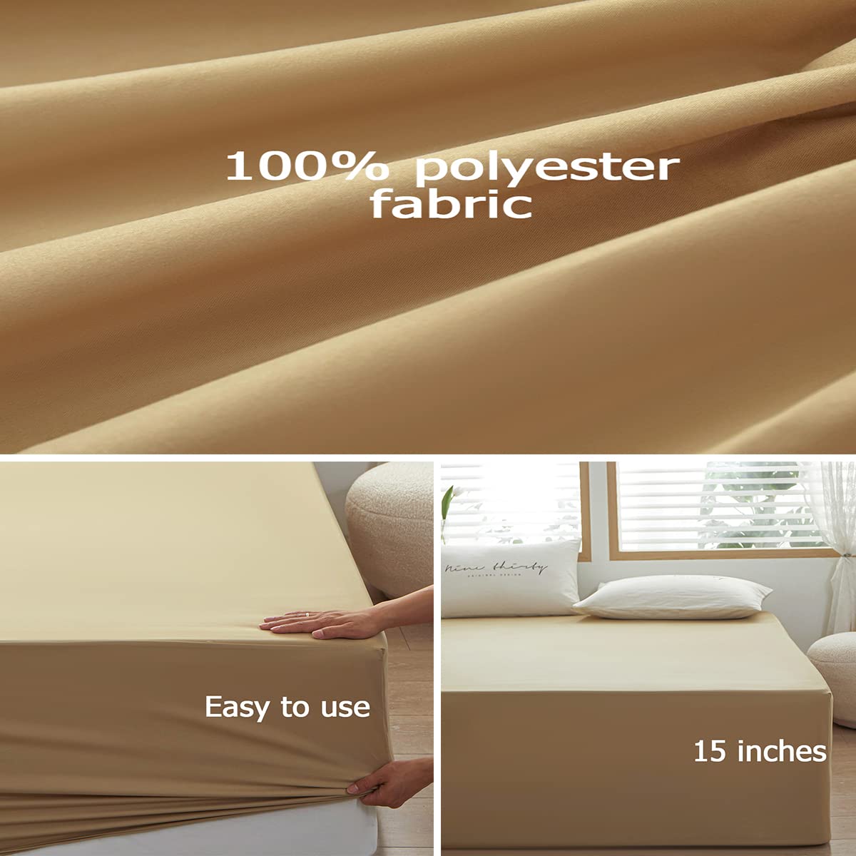 Rushrushlulu Bedding Queen Size Fitted Sheet Only- Bottom Mattress Fitted Sheet-Fits 15inches Deep Mattress Pocket -Soft and Microfibe-Shrinkage and Fade Resistantr-Easy Care-Camel