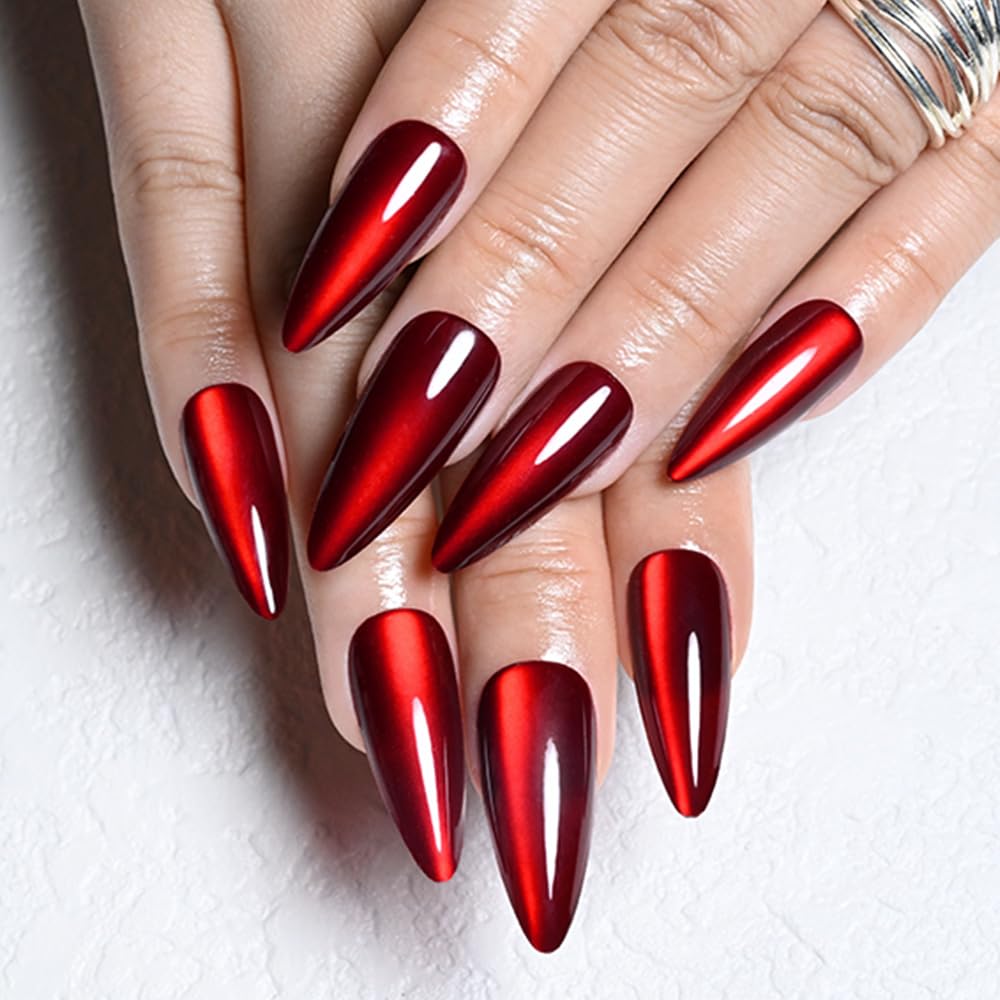 evpct Dark Red Cat Eye Press on Nails Almond Long No Glue, Soft Stick on Nail Long Almond for Women Gift, Bloond Red Metallic Glitter Soft Reusable Full Cover Press on Acrylic Fake Nail with Designs