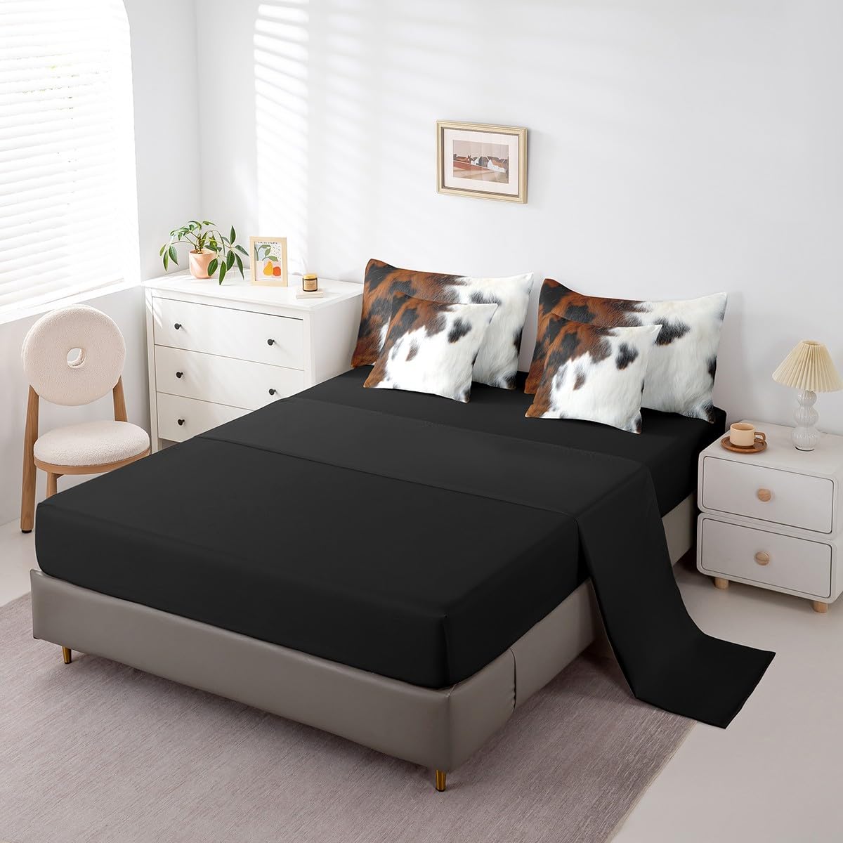Erosebridal Cowhide Teens Comforter Set 7 Piece Western Cow Print Bedding Set King Size Bull Cattle Skin Bed in A Bag for Kids Boys Adult Bedroom Farmhouse Animal Hair Sheets