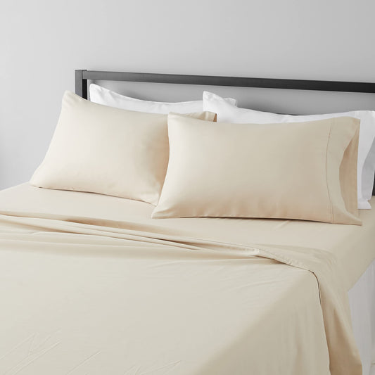 Amazon Basics Lightweight, Wrinkle-Free, Breathable Microfiber 4-Piece Bed Sheet Set with 14-Inch Deep Pockets, Full, Beige, Solid