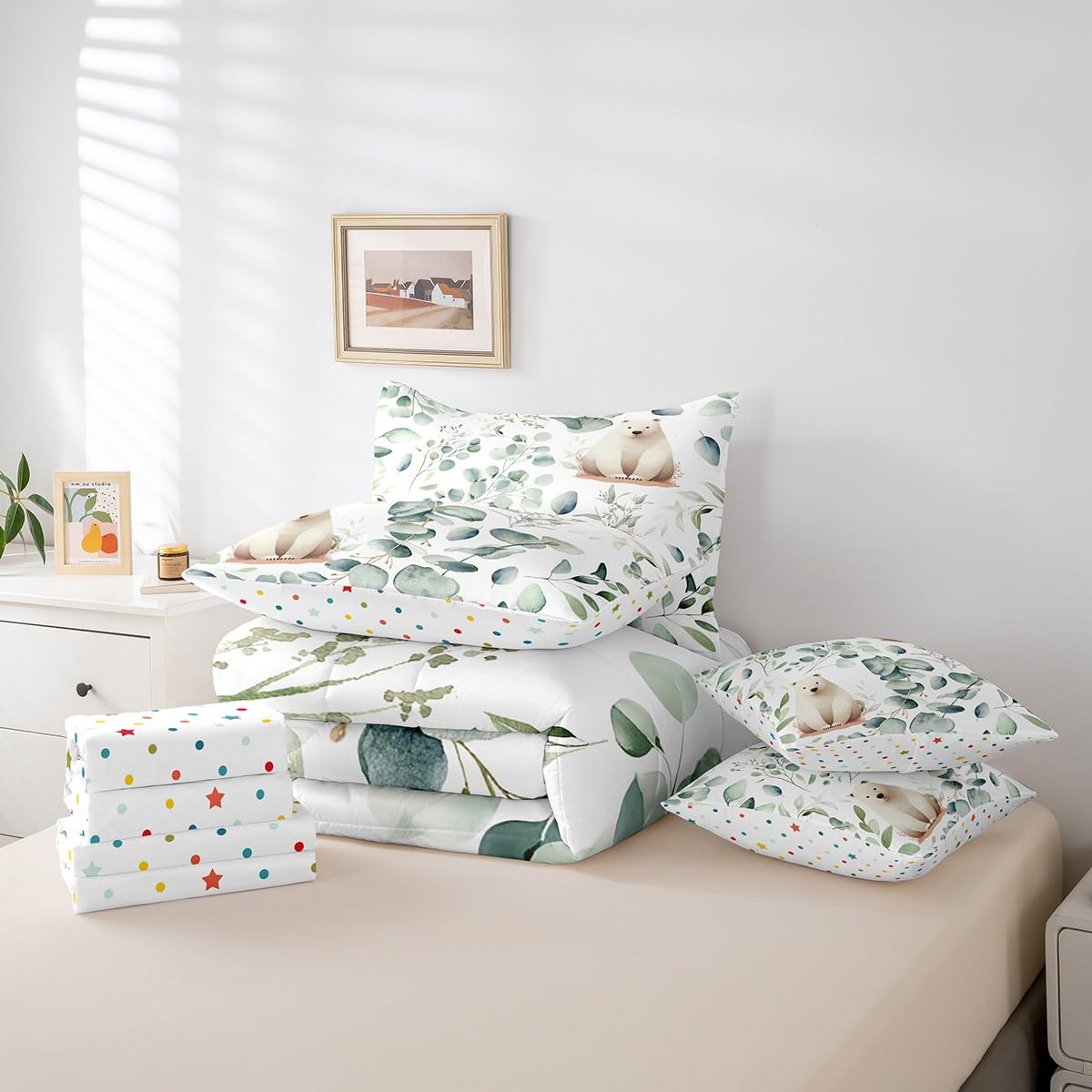 Erosebridal Boys Cartoon Animal Bed in a Bag 7-Piece for Kids Kawaii Polar Bear Bedding Set, Arctic Wildlife King Size Comforter Set White Green Bedding Comforter Sets, Botanical Eucalyptus Bed Set