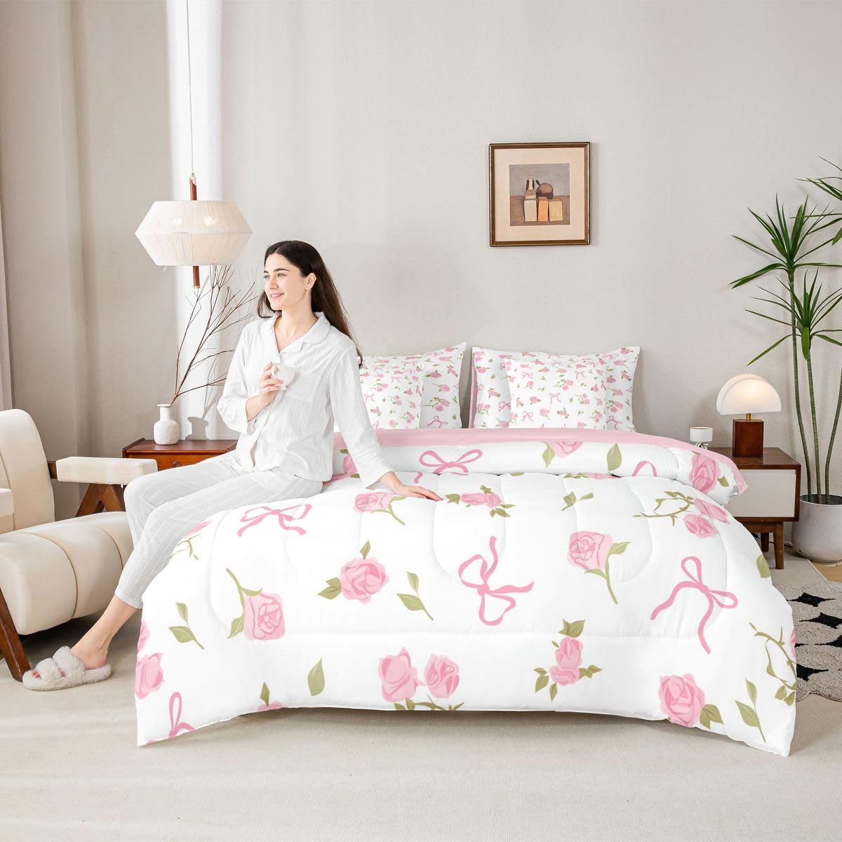 Erosebridal Pink Bowknot 7 Piece Bedding Set Full Size Rose Floral Bed in A Bag Coquette Bows Comforter with Sheets Princess Ballet Bow Bed Sets
