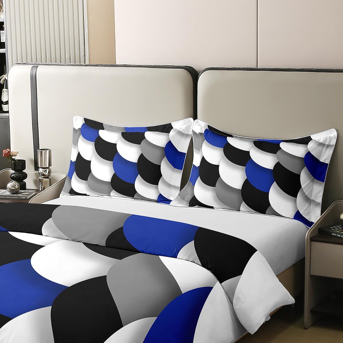 jejeloiu Kids Blue Black White Geometric Bedding Set Queen Size Abstract Art Duvet Cover 100% Cotton for Boys Girls Abstract Comforter Cover（No Comforter）