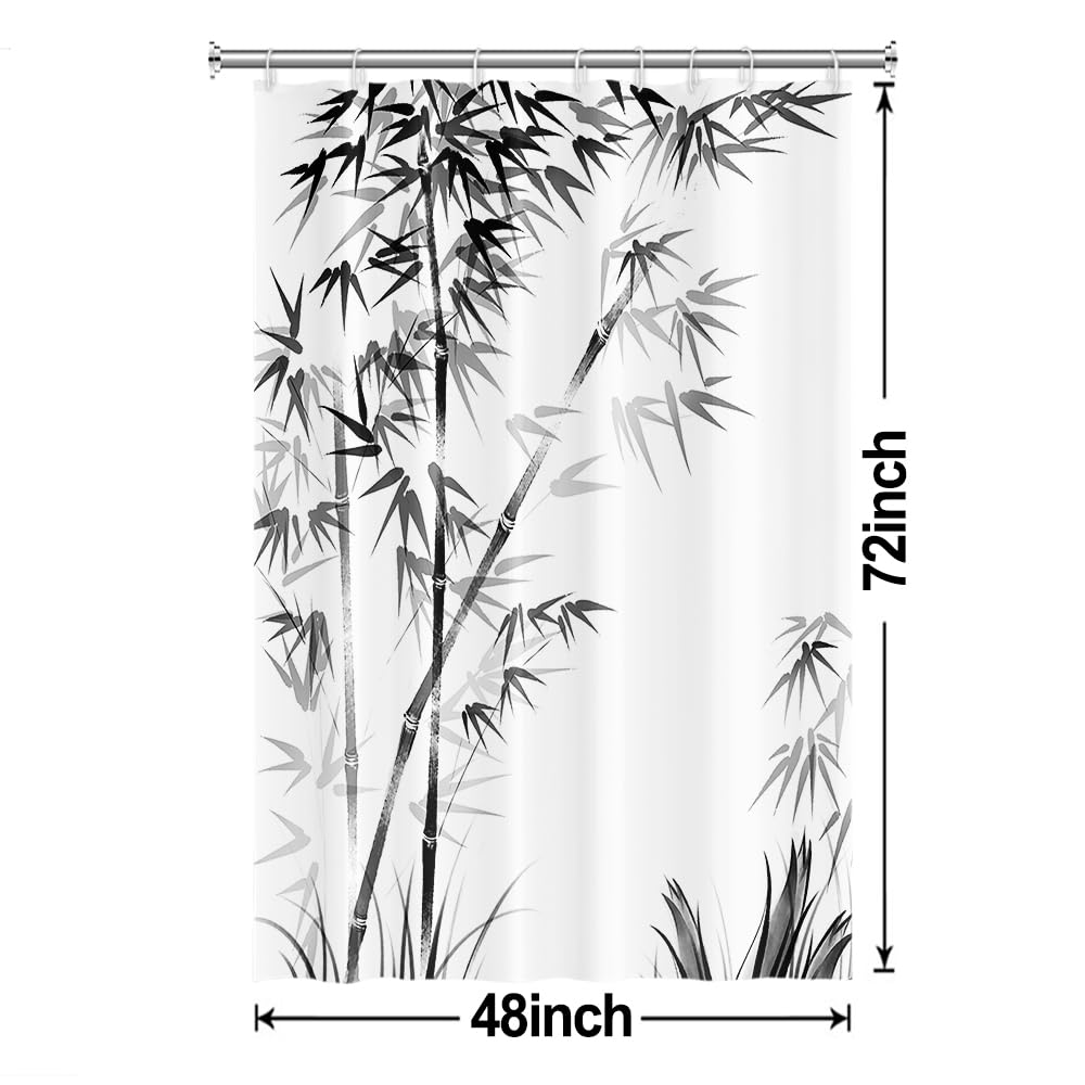 Ruelvth Bamboo Shower Curtain, Aesthetic Ink Bamboo Shower Curtain for Bathroom Waterproof Fabric Black and White Shower Curtain Set with Hooks, 48x72 Inch