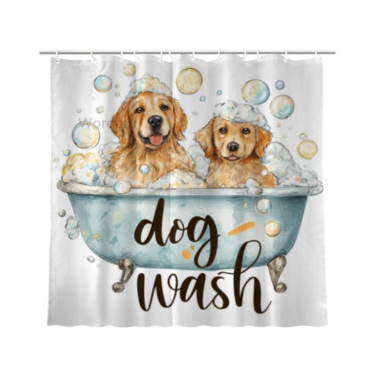 Wordatu Golden Retriever Cartoon Shower Curtain Playful Dogs in a Bathtub Pets Cloth Fabric Bathroom Decor Set with 12 Hooks 72x72 Inch