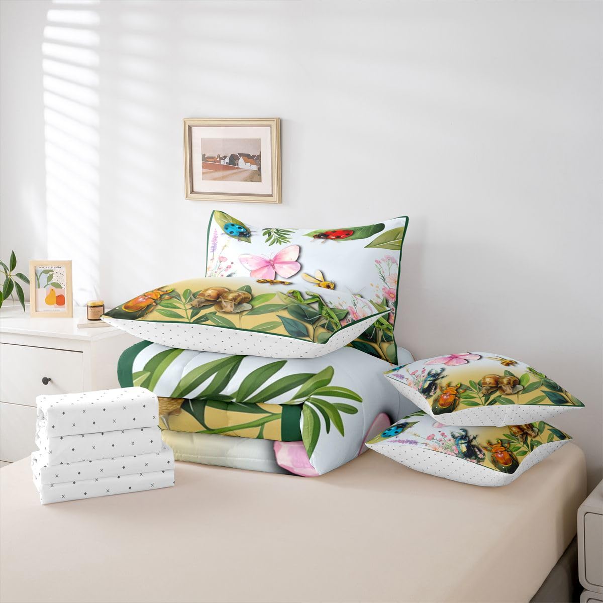 Erosebridal Butterfly 7 Piece Bedding Set Queen Ladybug Comforter Set with Sheets Bee Longhorn Beetle Snail Mantis Print Bed in a Bag Insect Theme Flowers Leaves for Kids Boys Girls