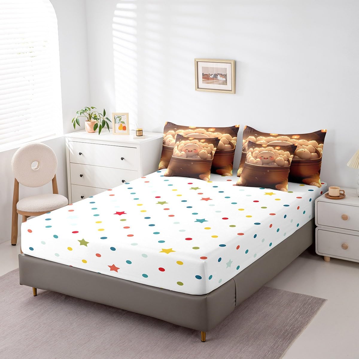 Erosebridal Sweet Dumpling Bedding Set King Size, Cute Dumpling Comforter Set, Traditional Chinese Food Kids Teens (Comforter+Fitted+Flat Sheet+2 Pillowcases+2 Throw Pillow Covers) 7 Pieces Bed Set