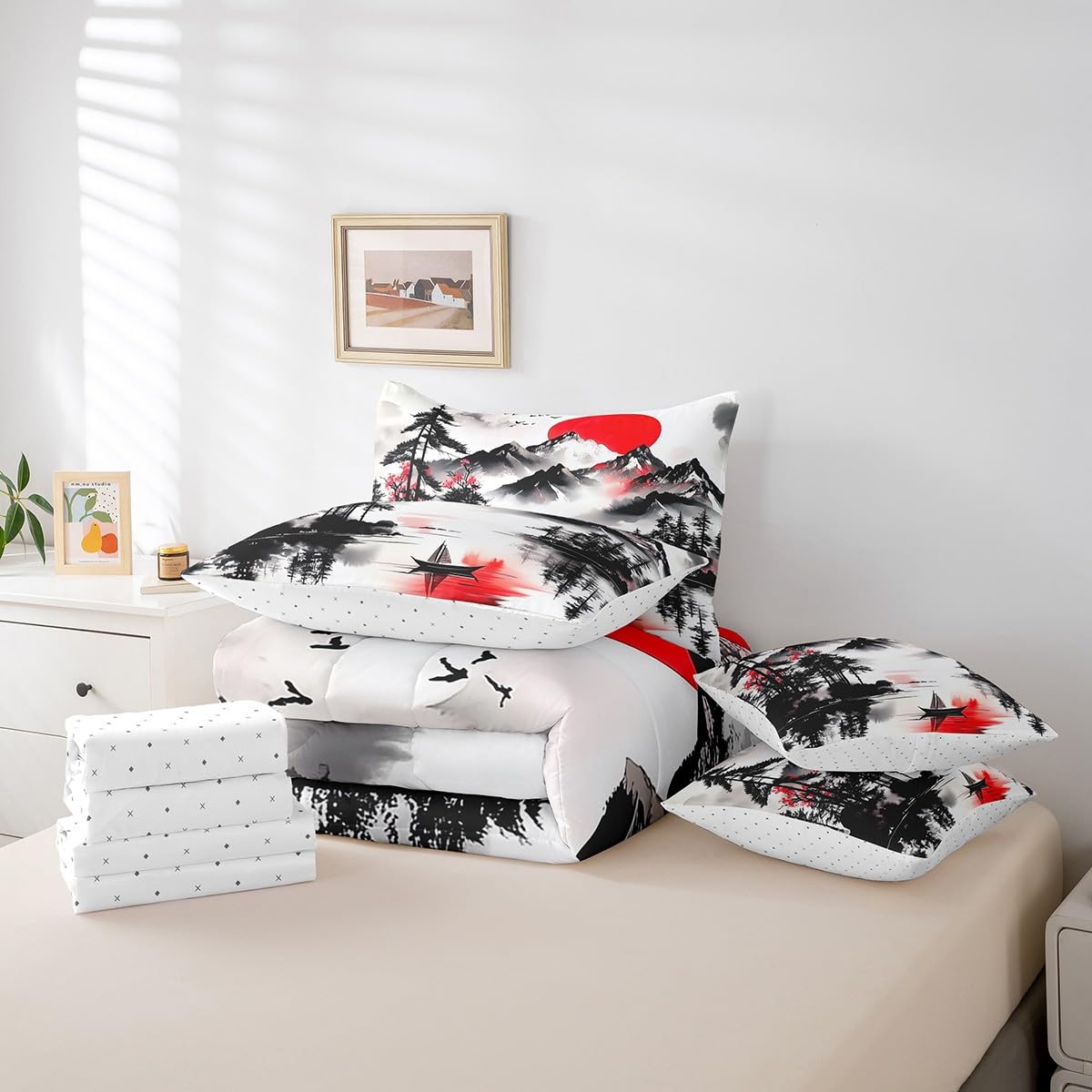 Erosebridal Oriental Style Queen Comforter Set 7 Piece,Rustic Mountain Themed Bedding Set with Sheets,Red and Black Aesthetic Bed Set Nature Scene Bed in a Bag with Fitted+Flat Sheet,Pillowcases