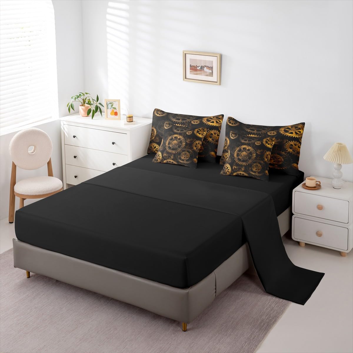 Erosebridal Golden Ndustrial Gear King Comforter Set, Steampunk Style 7-Piece Bed in A Bag, Clocks Theme Sheets and Pillowcases, Retro Mechanical Device Kids Adult Bed Sets