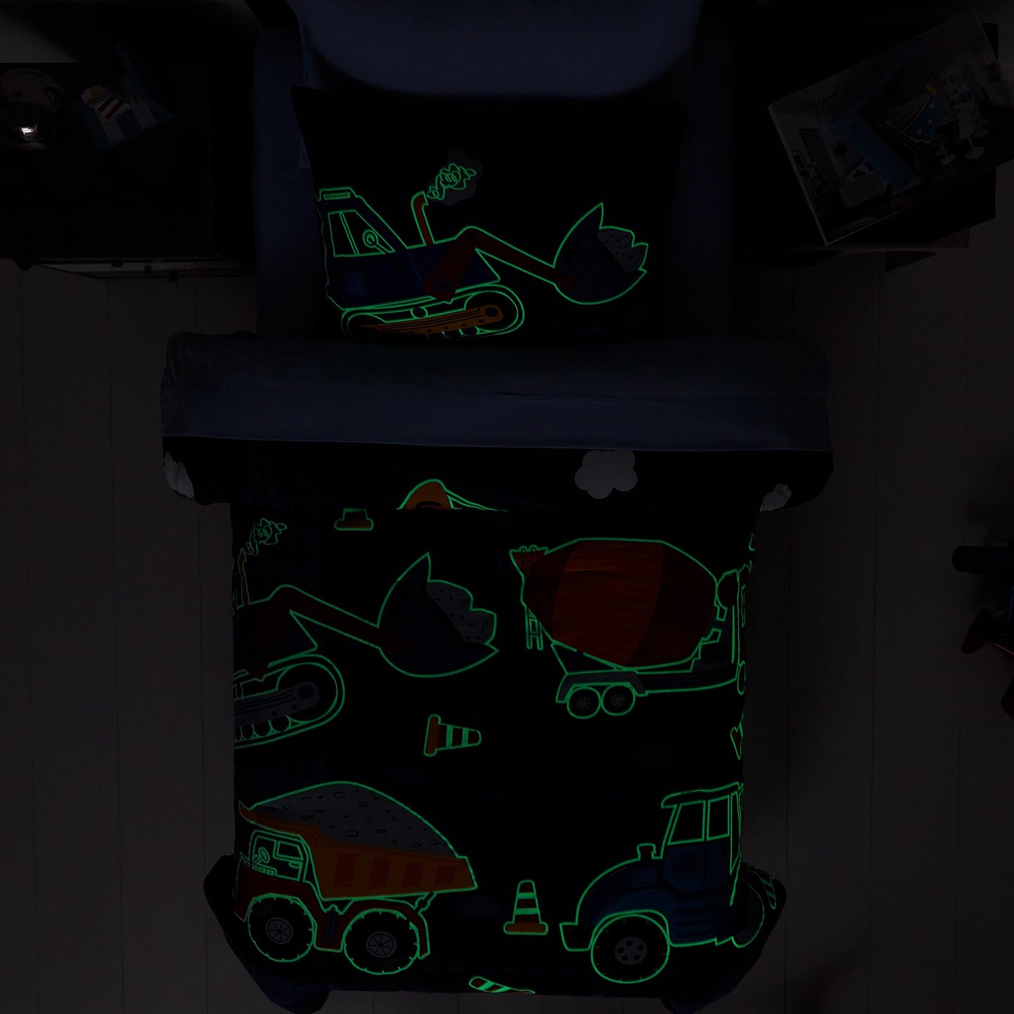 Kaleido Space Twin Kids Comforter Set - 5 Pieces Twin Bedding Sets for Boys Teen, Glow in The Dark Truck Tractor Excavator Bed in A Bag with Sheets