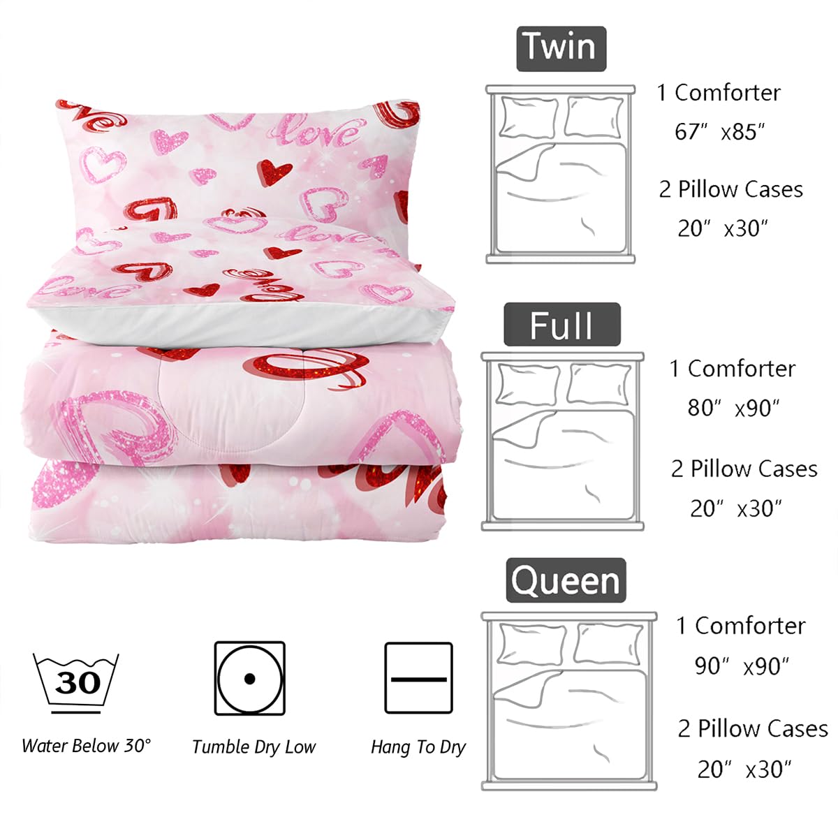 Nttopship Pink Love Heart Comforter Bedding Set with 2 Pillowcase Twin Size Pink Girl Comforter Set for Kids Boys Girls Bedroom Decor
