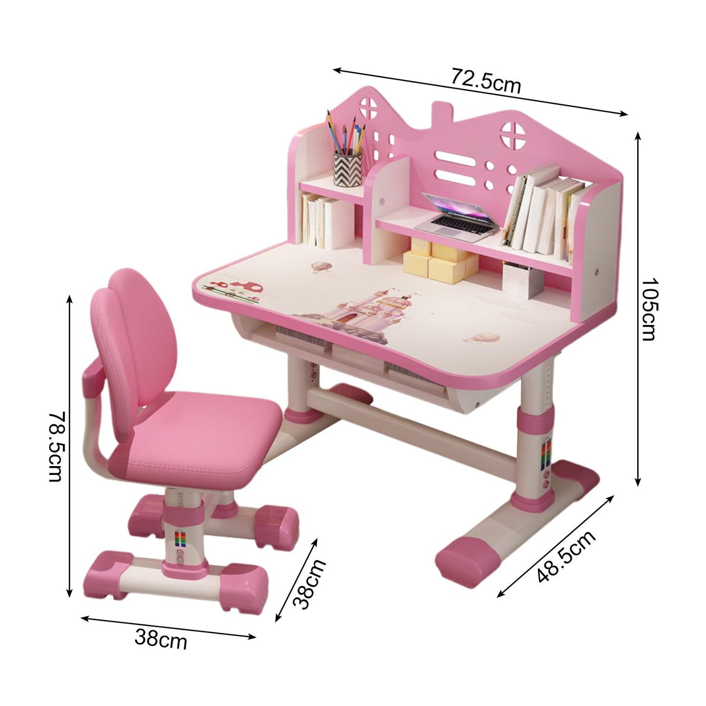 ZTGD Kids Adjustable Study Desk & Chair Set w/Storage,Drawers,Bookshelf,Child Toddler Writing Homework Table,Little Girl Work Computer Desk,Princess Preschool Table (Pink B)