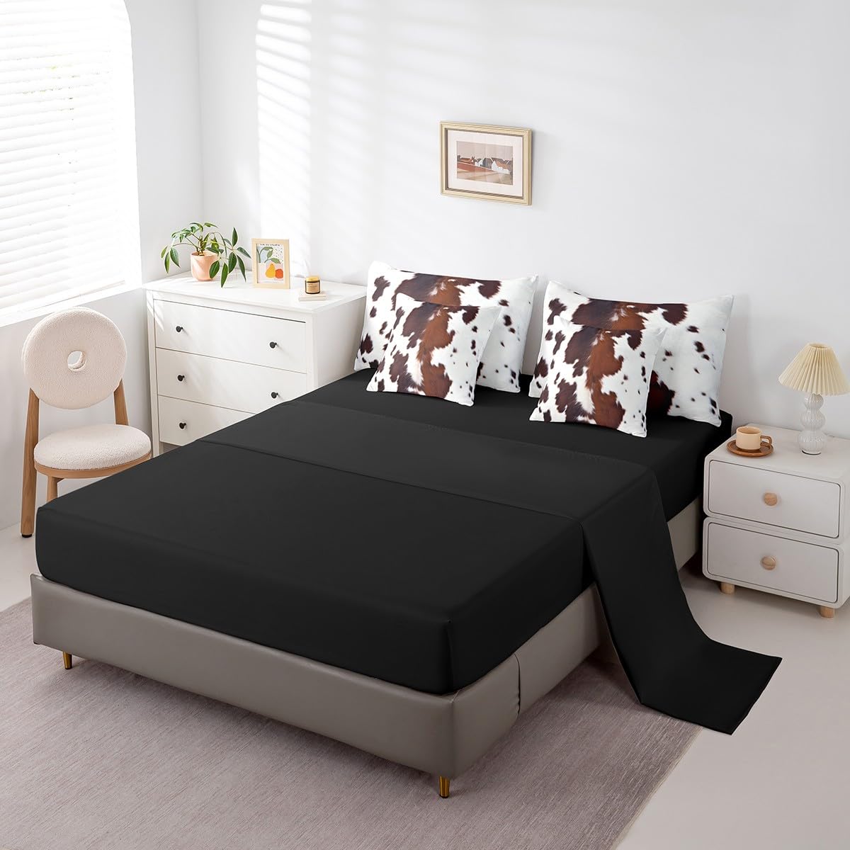 Erosebridal Cute Cowhide King Bed in A Bag 7 Piece for Teens Cow Print Western Comforter Set with Sheet Black Brown Cow Spots Bedding Set for Boys Adult Women Farm Animal Skin Bedding Comforter Set