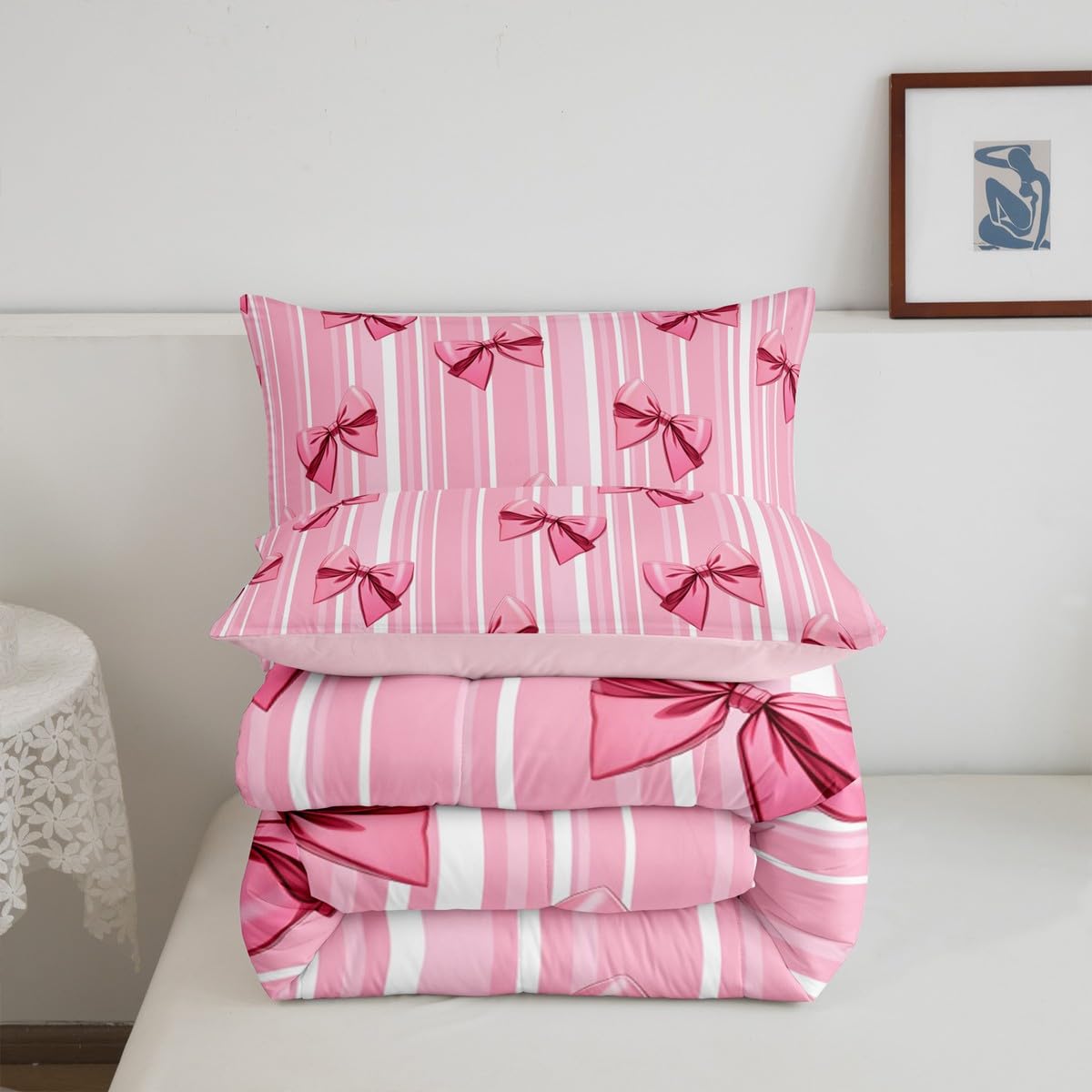 Erosebridal Pink Bowknot Bedding Set for Girls Bedroom, Dreamy Princess Full Size Comforter Set, Cute Bow Girly Down Comforter, Kawaii Stripes Quilt,Lightweight Bedroom Decor