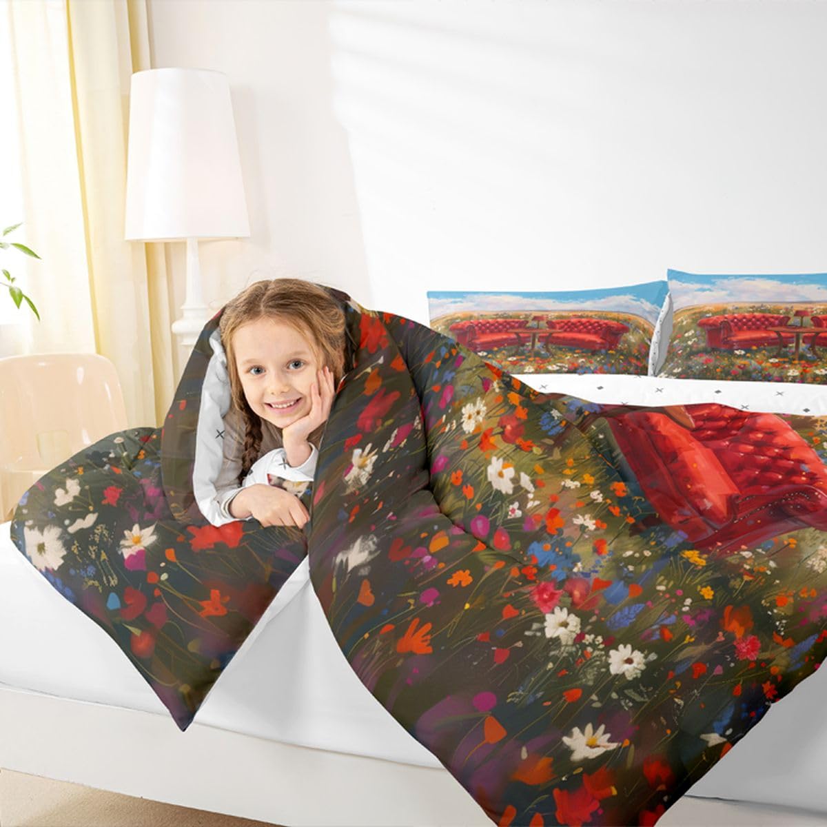 jejeloiu Flower Field Comforter Set Toddler Size French Country Bedding Set for Kids Boys Girls Floral Duvet Quilt Bedroom Decor Microfiber 2 Pcs with 1 Pillow Cases
