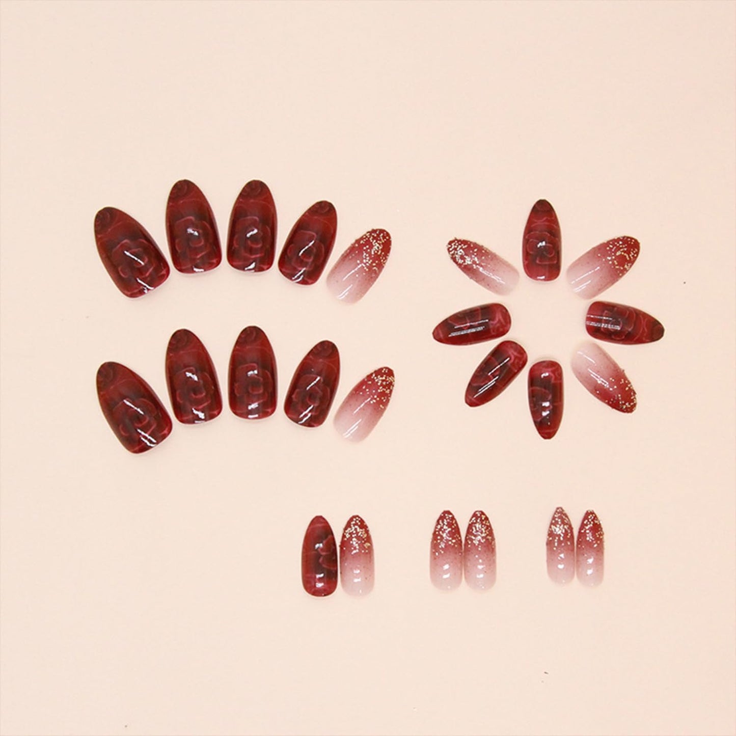 Tyuimhx Red Flower Press On Nails - Medium Almond Glitter False Nails, 24 Pcs