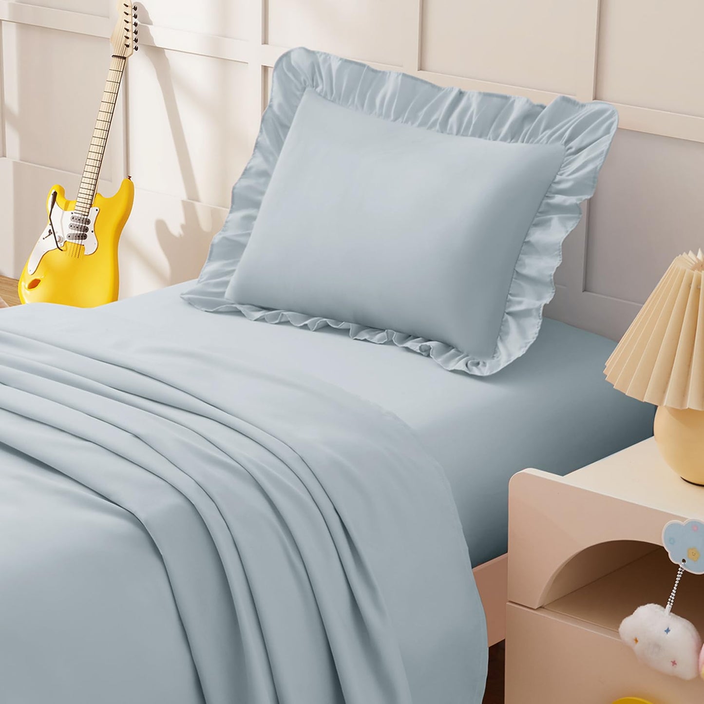 KKJIAF 3 Piece Toddler Sheet Set Microfiber, Includes a Flat Sheet, a Fitted Sheet and a Ruffle Pillowcase, Dusty Blue
