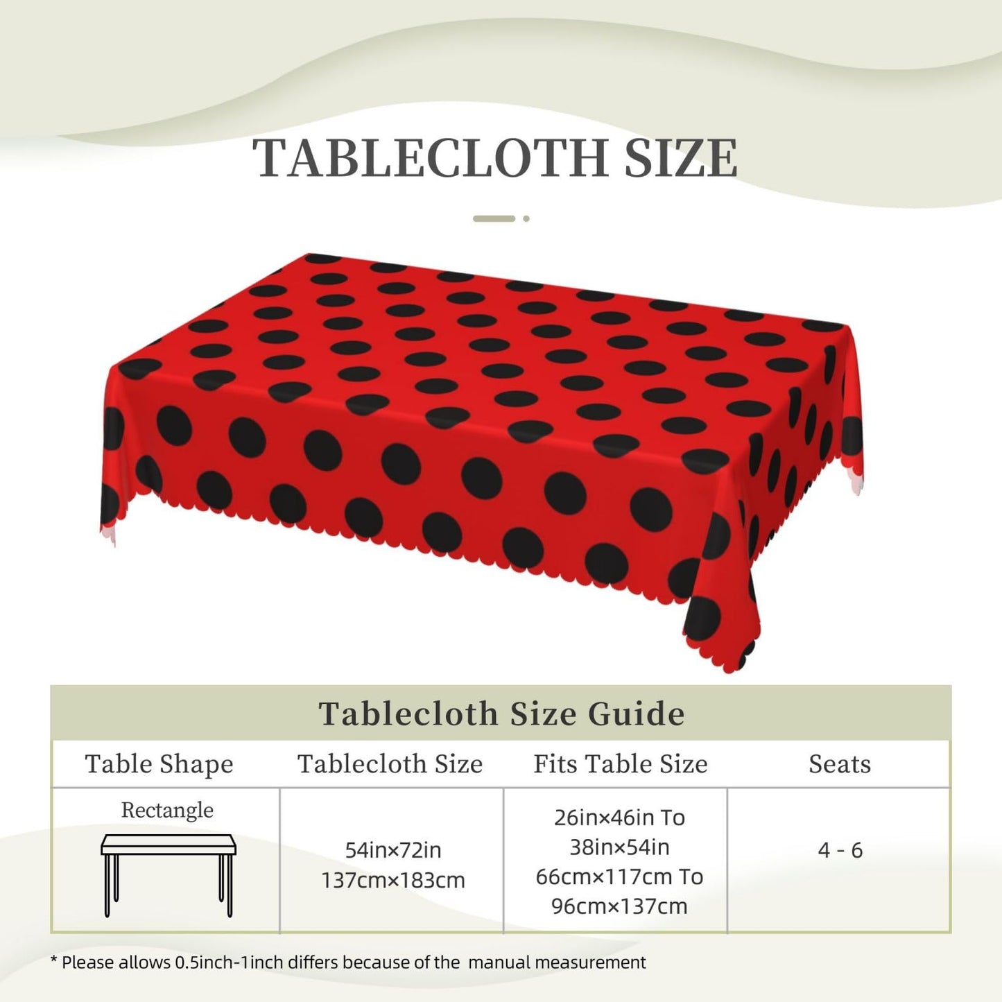 GOUROISE Ladybug Red Rectangular Tablecloth, Red Black Spots 54x72 Inch Wavy Lace Border Polyester Table Cloth for Dining, Kitchen, Parties