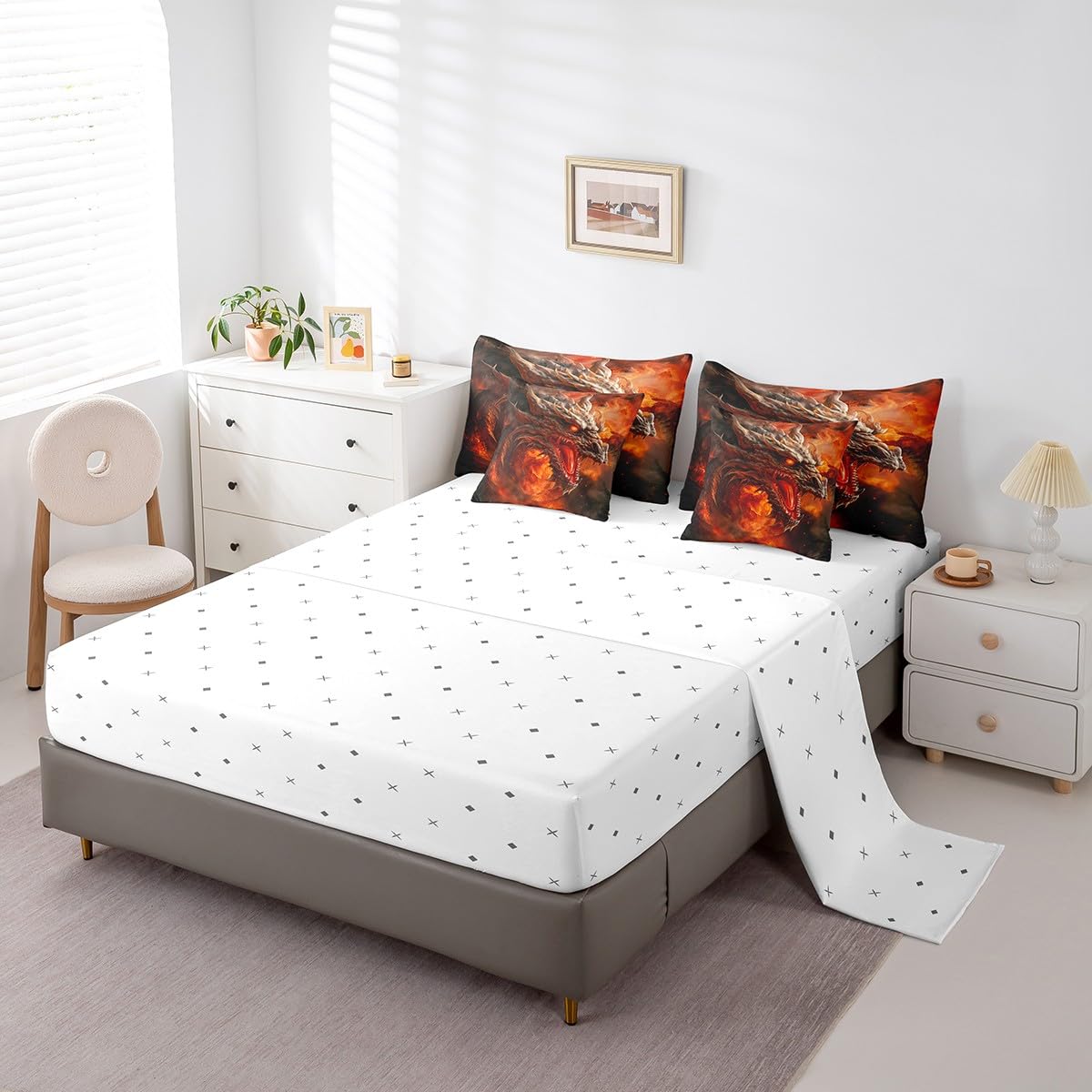 7 Pieces Comforter Set Queen Size, Red Fire Dragon Bedding Bed in a Bag With Flat and Fitted Sheets for Kids and Adults, 3D Fire Dragon Comforter Set With Pillowcases & Pillow Covers