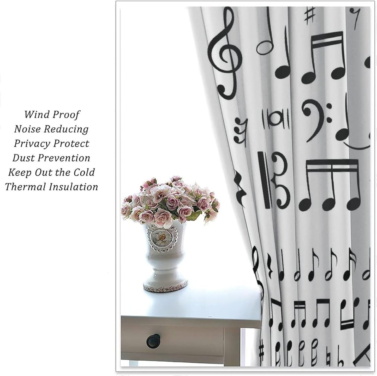 HZOHNAGO Music Curtain Black and White Musical Notes Blackout Print Rod Pocket Window Drapes for Bedroom Living Room 42x45in