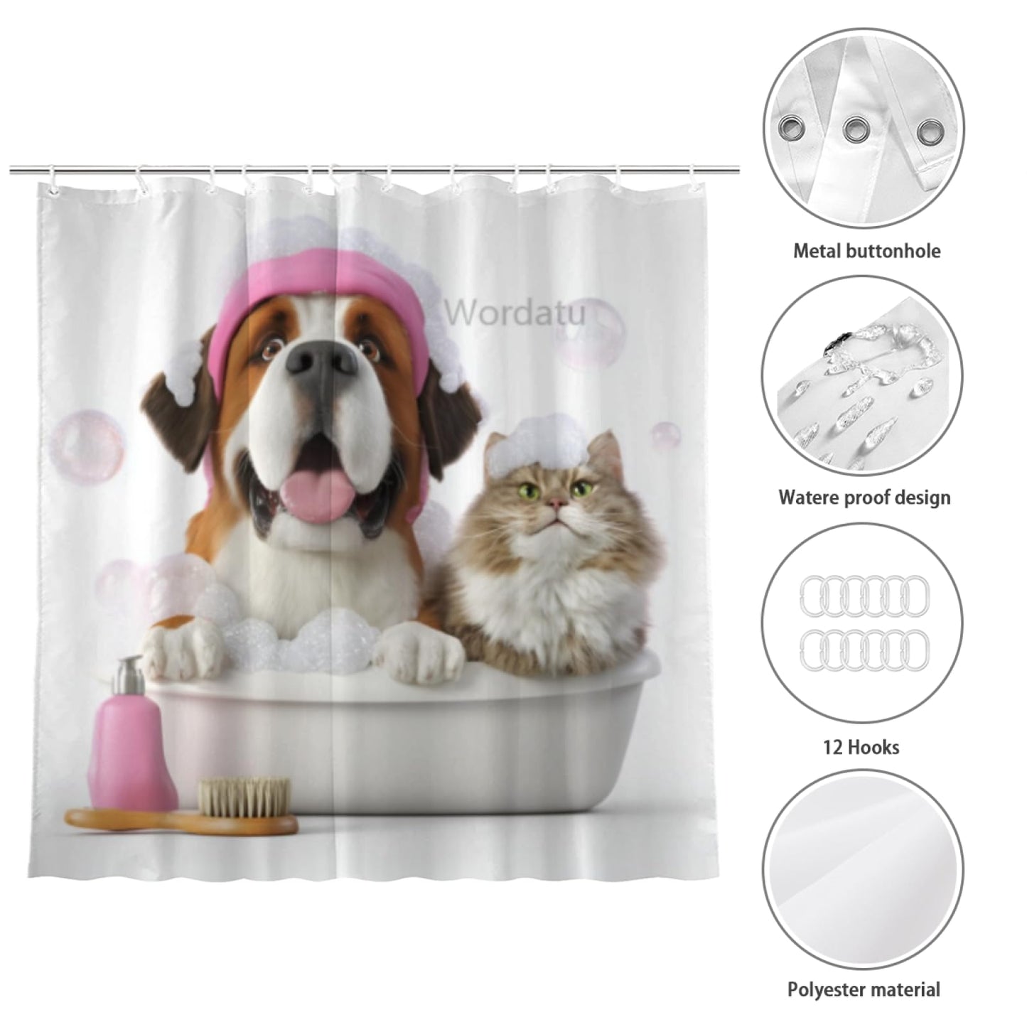 Wordatu Funny Saint-Bernard Shower Curtain Decor Fabric Bathroom Curtains, Kids Children Cartoon Waterproof 72x72 inch with 12 Hooks