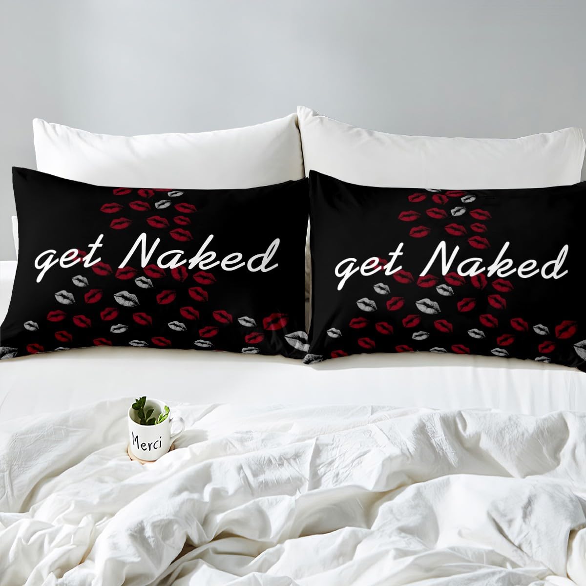 Get Naked Bed Sheet Set Sexy Red Lips Fitted Sheet & Pillow Sham Set for Men Women Couple Lover Funny Quotes Kiss Bedding Set Ultra Soft Decor Black and White Bed Cover No Flat Sheet Full Size