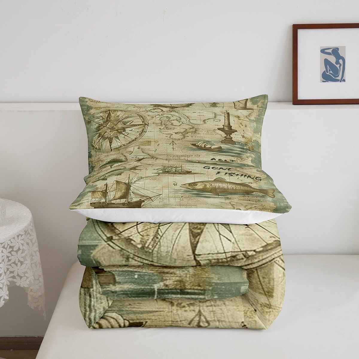 Hunt Fishing Comforter Set Queen Size,Bass Fish and Sailboat Bedding Sets for Boys Men Adult Room Decor,Retro Rustic Farmhouse Down Comforter,Lake House Fishhook Lover Quilted Duvet,2 Pillowcases